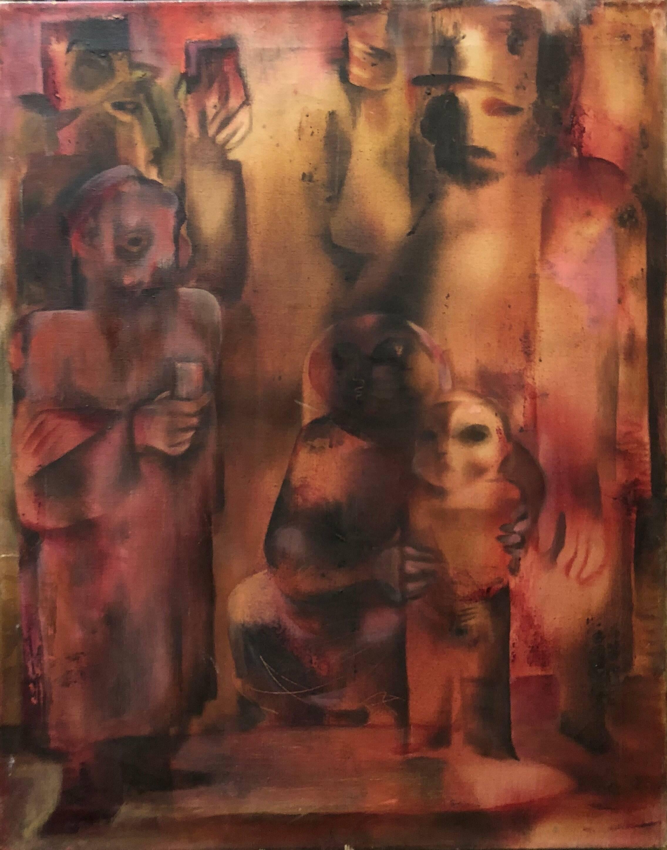 TOAST TO THE BAR MITZVA Modernist Judaica Oil Painting - Brown Figurative Painting by Joseph Wolins