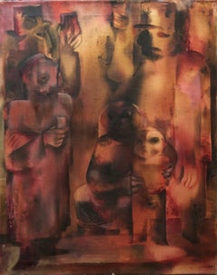 TOAST TO THE BAR MITZVA Peinture à l'huile moderniste Judaïque