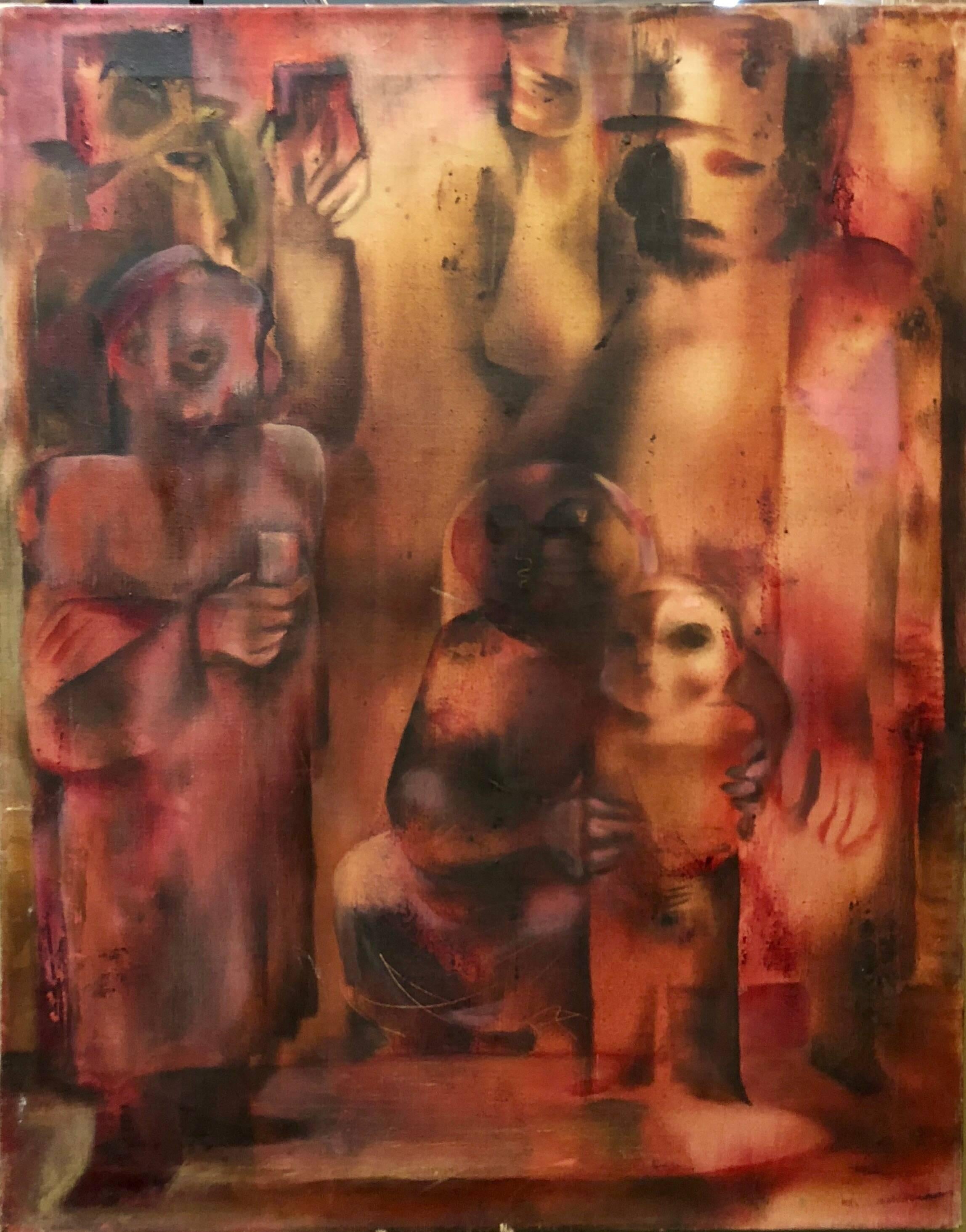 Joseph Wolins Figurative Painting - TOAST TO THE BAR MITZVA Modernist Judaica Oil Painting