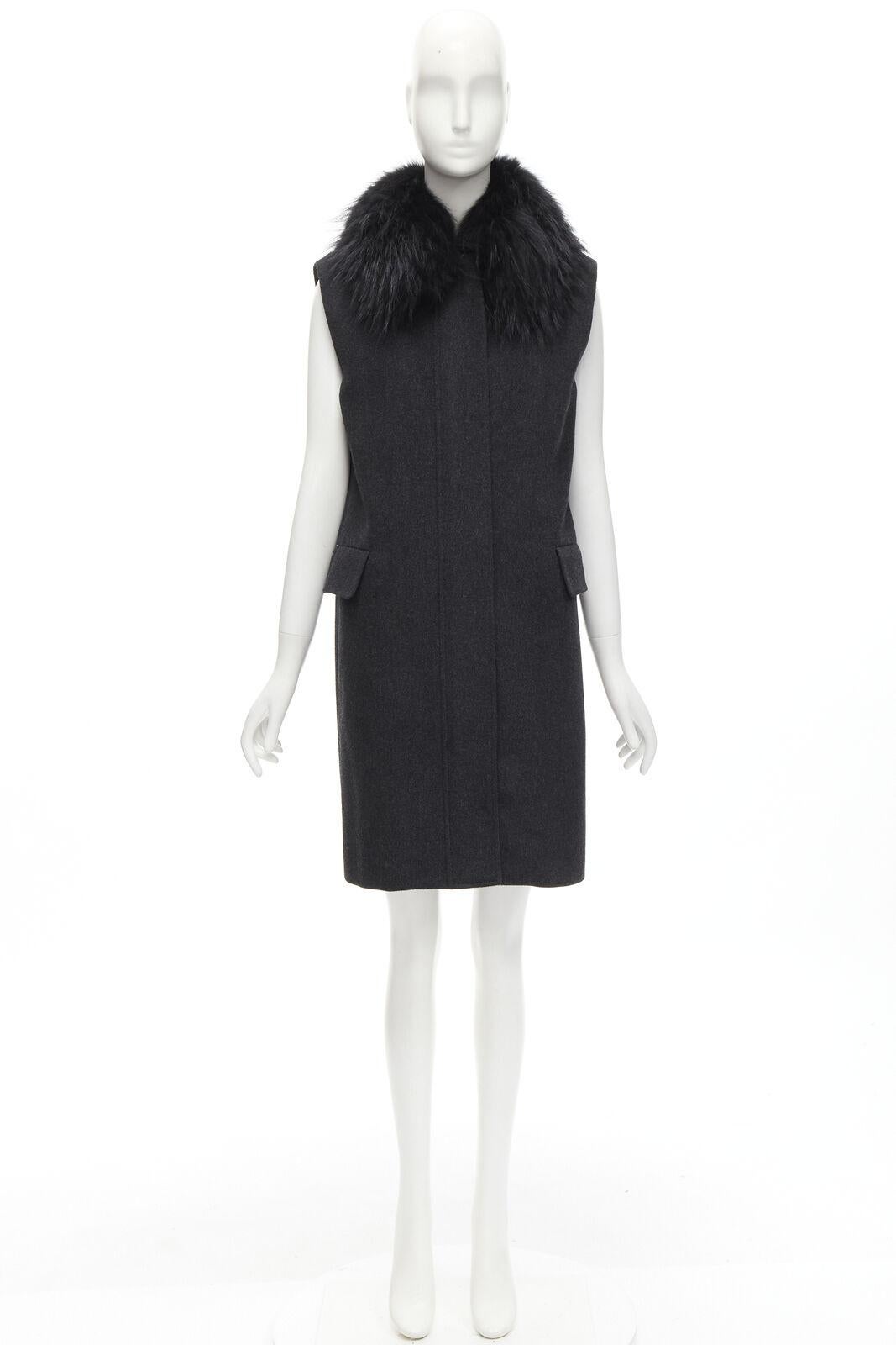 JOSEPH wool black minimal oversized fur collar flap pockets boxy vest FR38 S For Sale 5