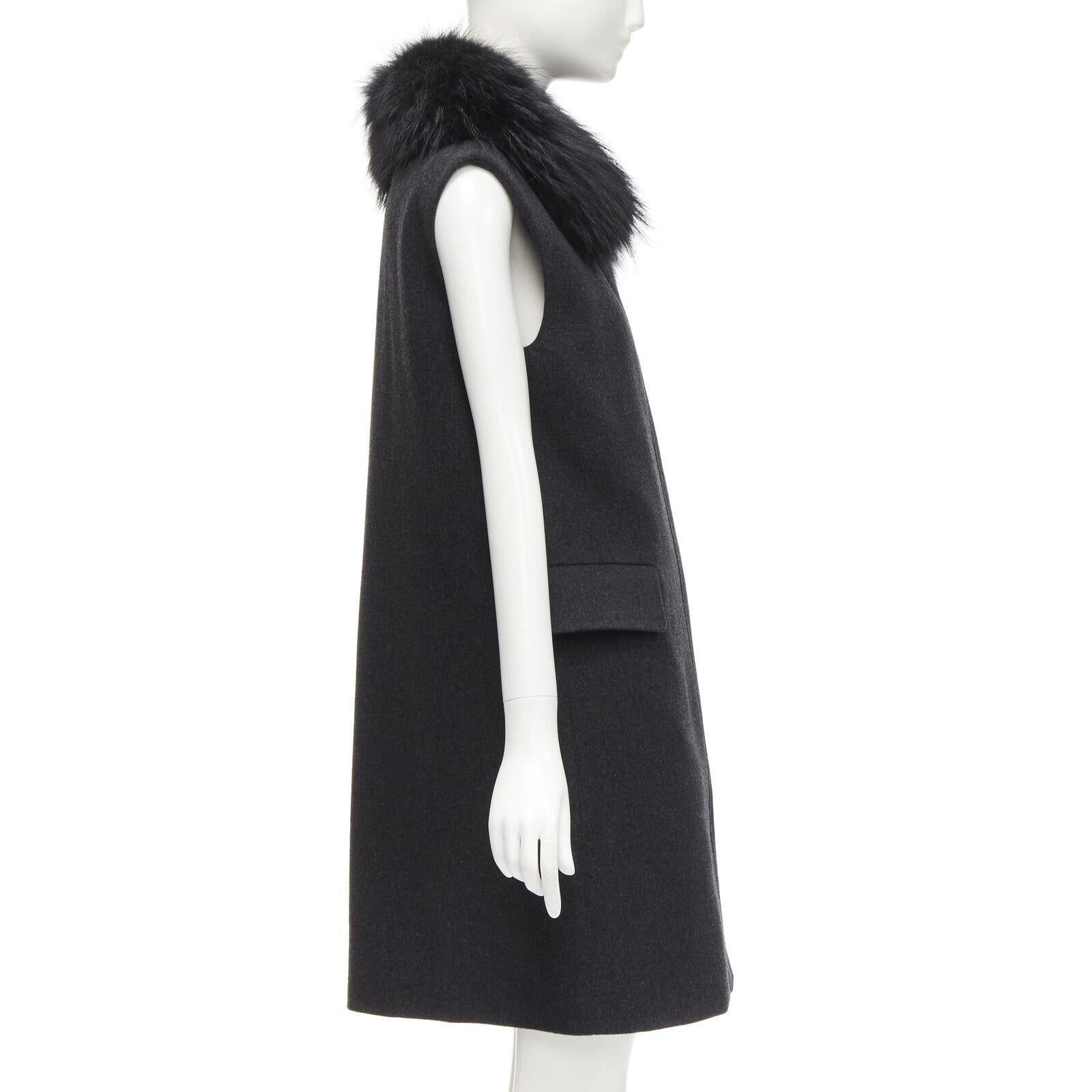 Women's JOSEPH wool black minimal oversized fur collar flap pockets boxy vest FR38 S For Sale