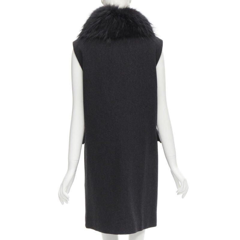 Donna JOSEPH lana nera minimal oversize collo di pelliccia tasche con patta gilet boxy FR38 S in vendita
