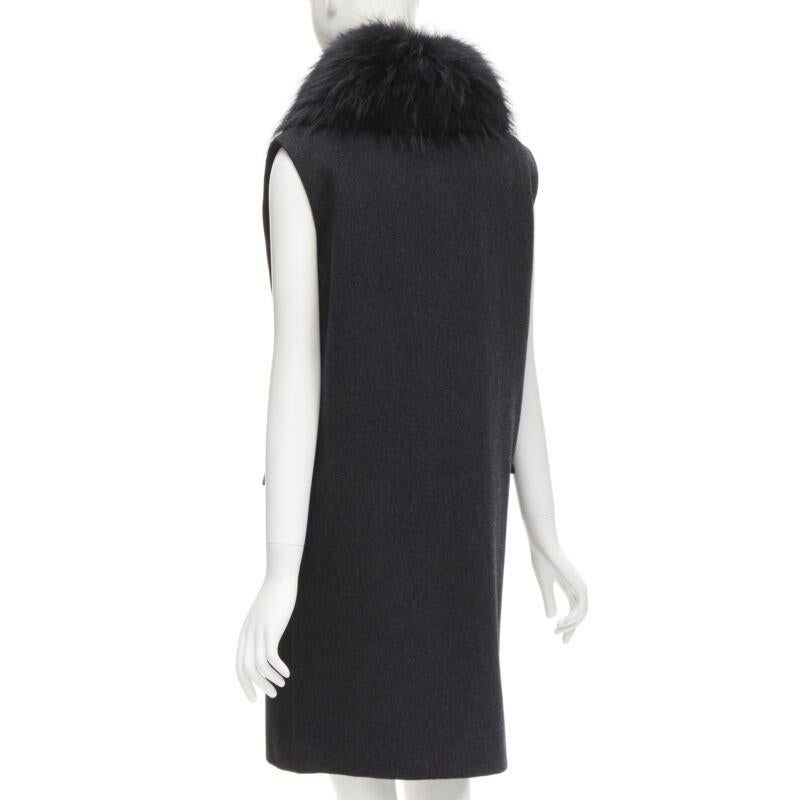 JOSEPH lana nera minimal oversize collo di pelliccia tasche con patta gilet boxy FR38 S in vendita 1