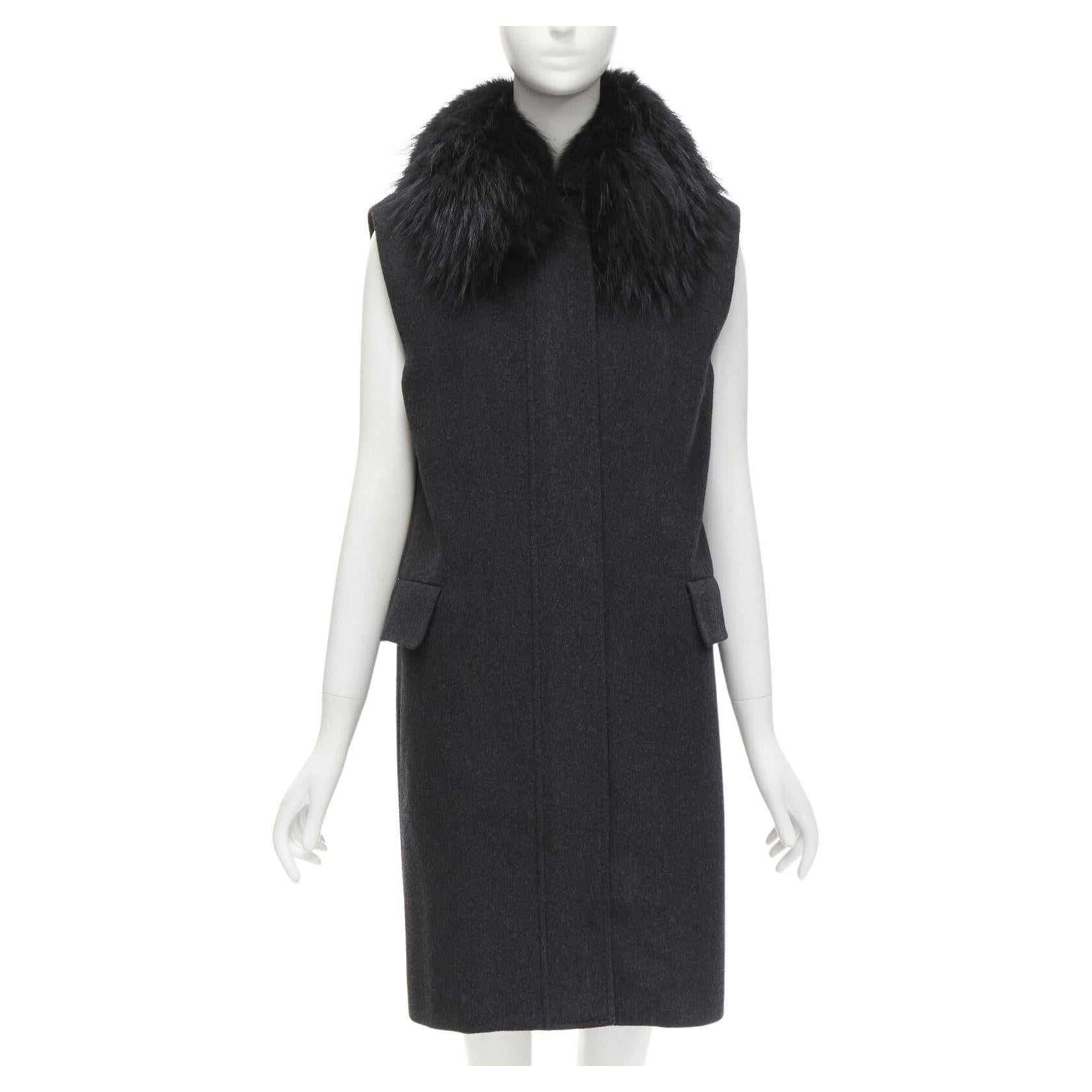 JOSEPH wool black minimal oversized fur collar flap pockets boxy vest FR38 S For Sale