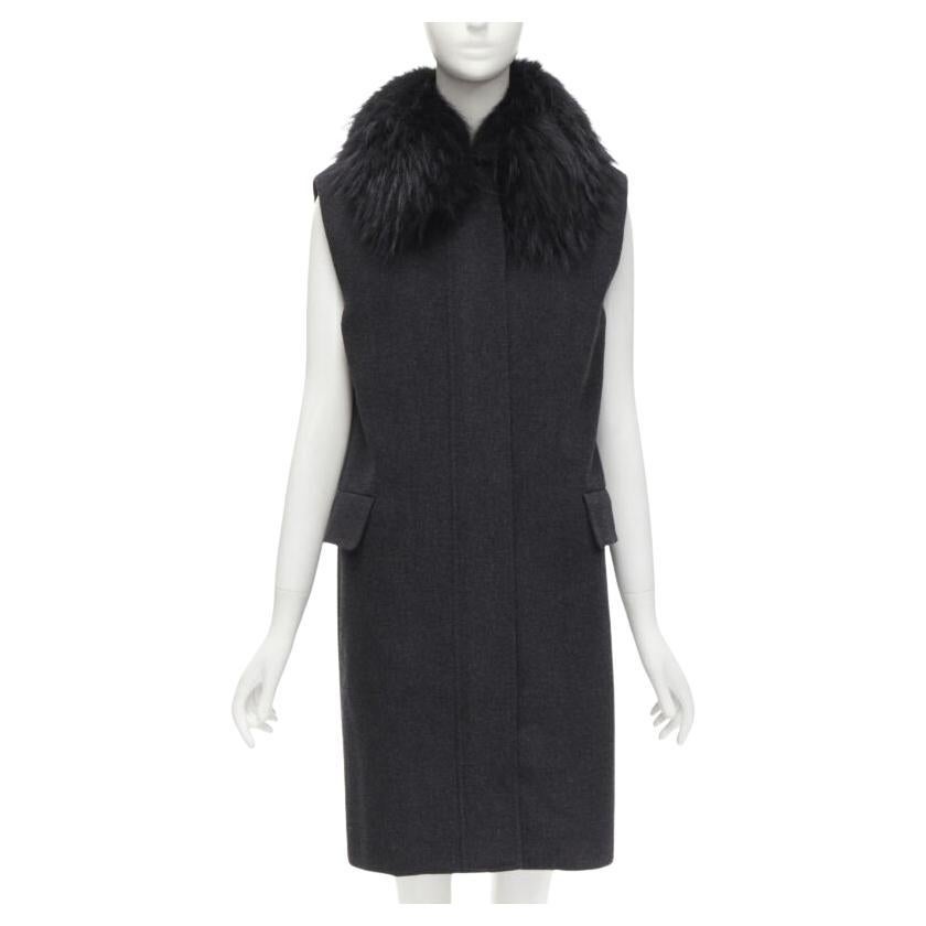 JOSEPH lana nera minimal oversize collo di pelliccia tasche con patta gilet boxy FR38 S