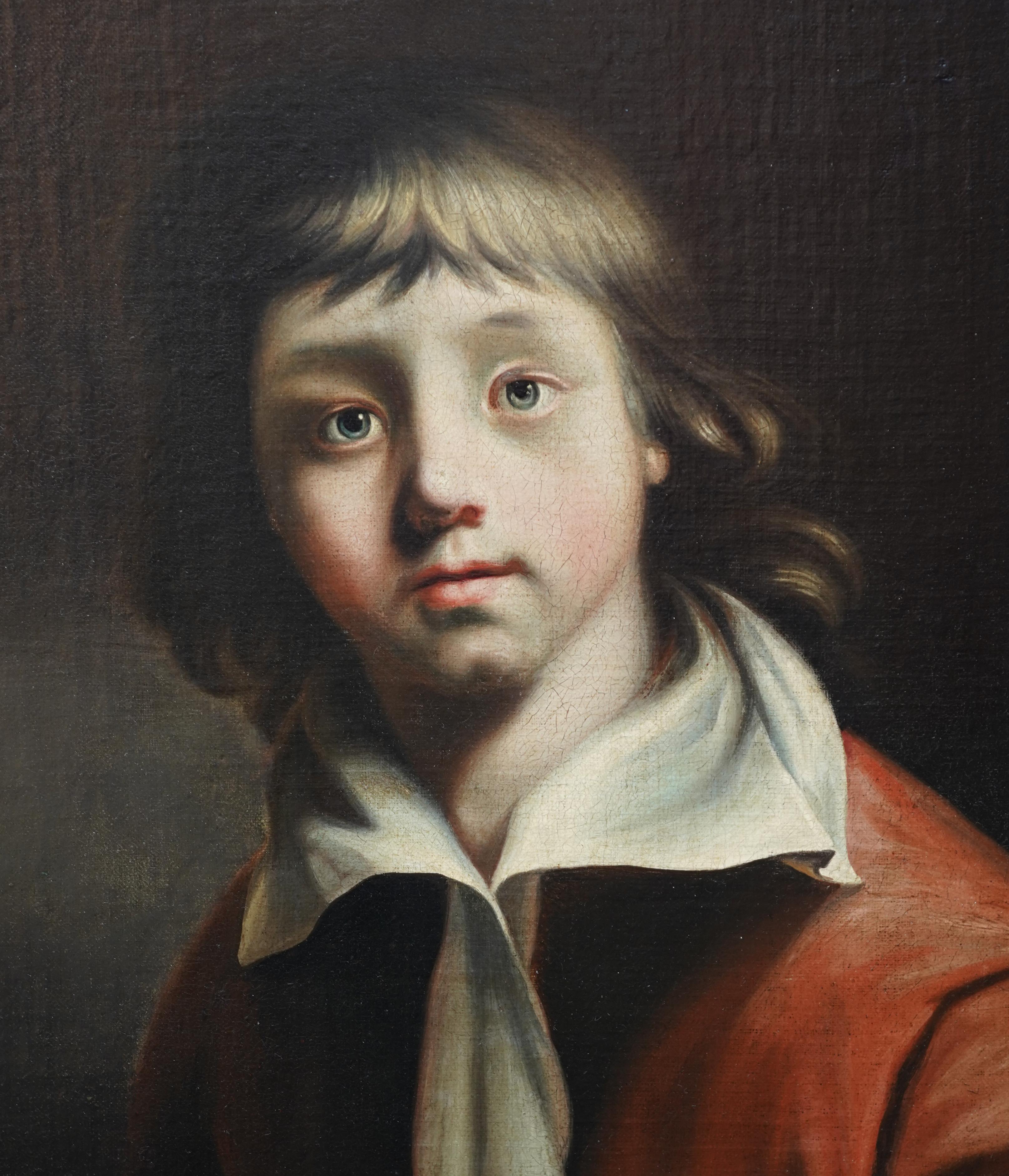 Este precioso retrato al óleo del Viejo Maestro se atribuye al círculo de Joseph Wright of Derby. Pintado hacia 1780, el cuadro representa a un muchacho con túnica y cuello ancho. Un retrato realmente encantador. 
Placa con el nombre en el marco.