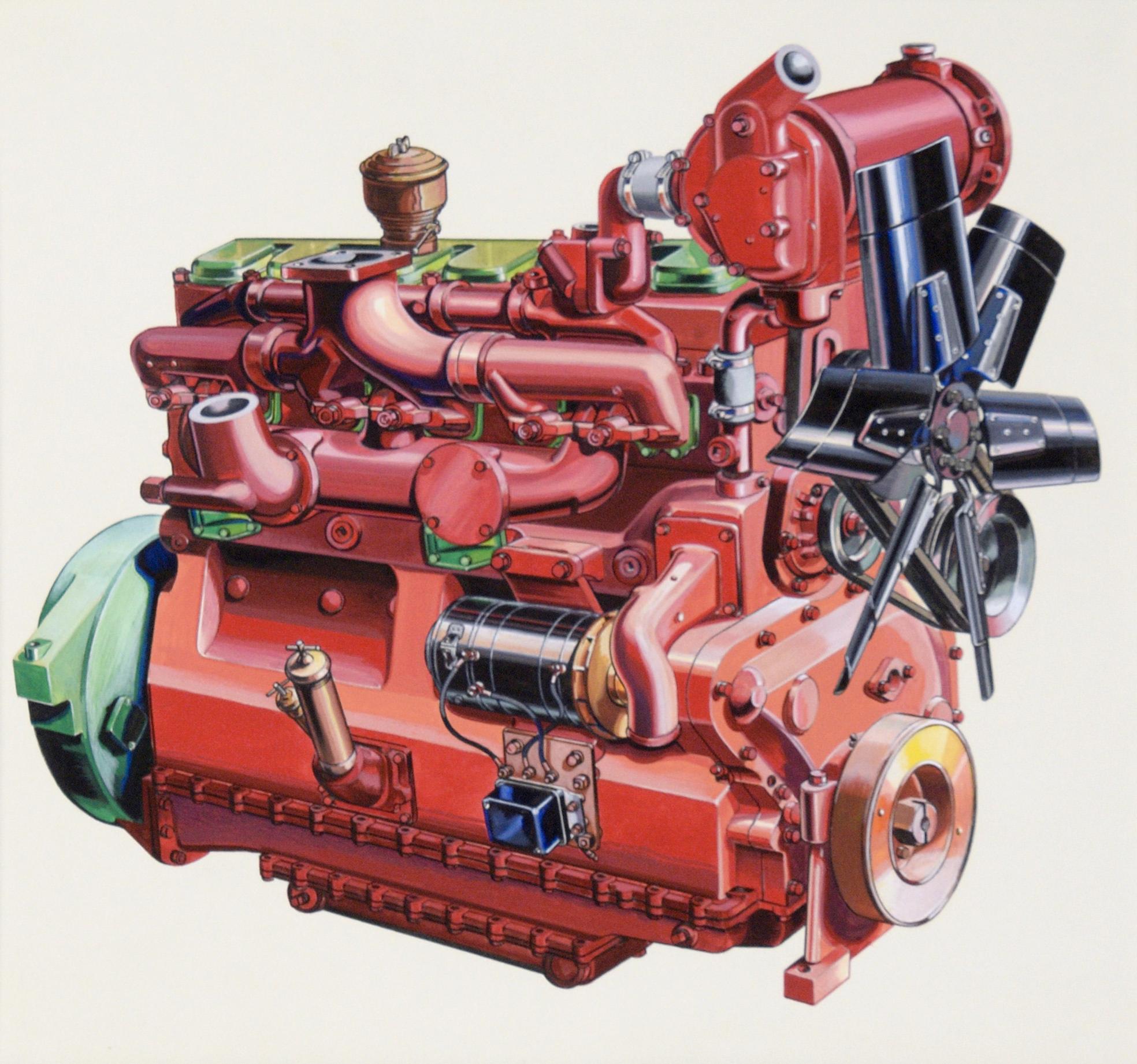 Illustration technique d'un moteur Ford Lehman à la gouache sur carton lourd - Réalisme Art par Joseph Yeager