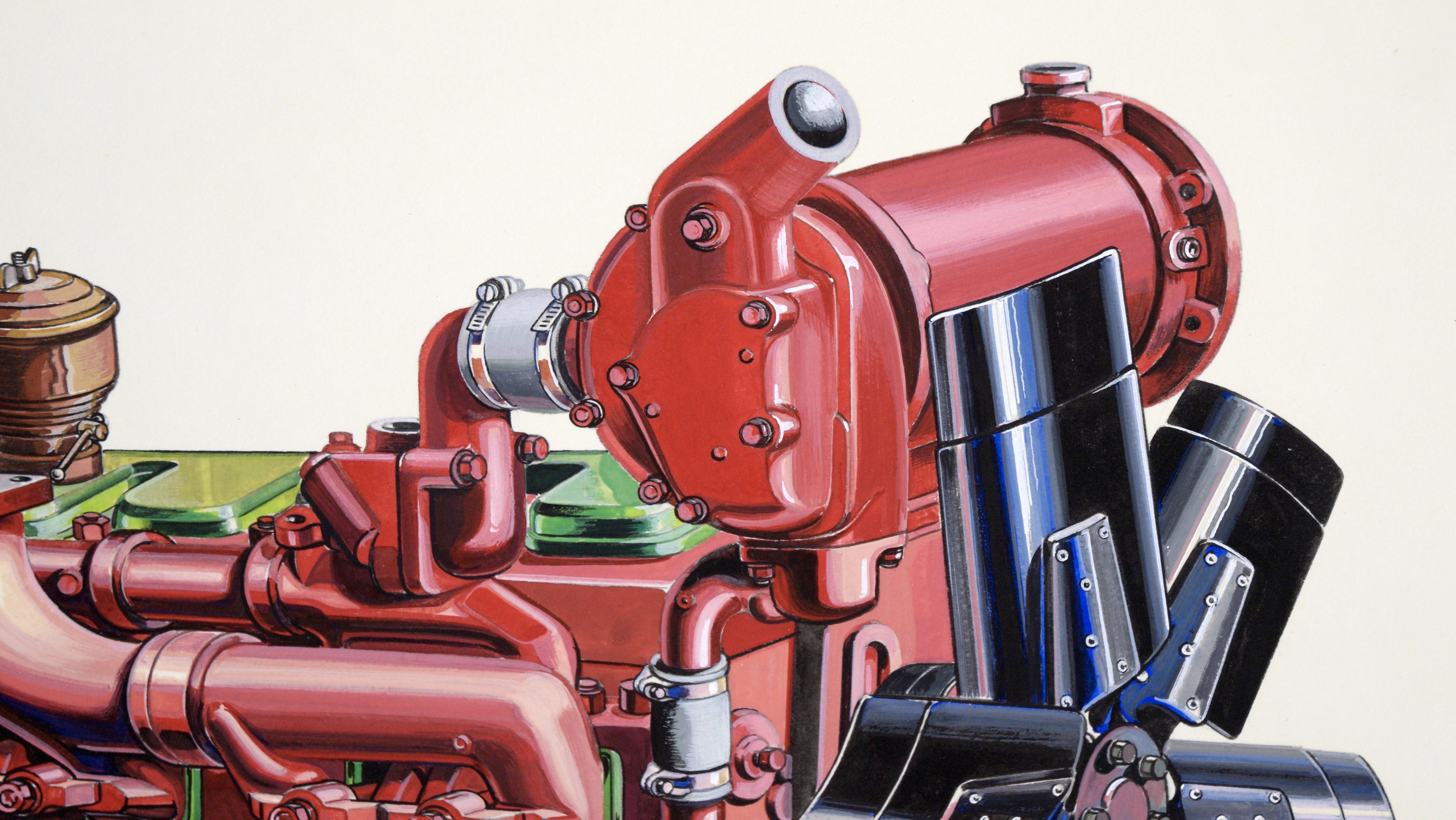 Illustration technique d'un moteur diesel Ford Lehman à la gouache sur carton épais

Illustration très détaillée et précise d'un moteur par Joseph Yeager (américain, 20e siècle). Le moteur est rouge vif avec quelques touches de vert. Il est rendu