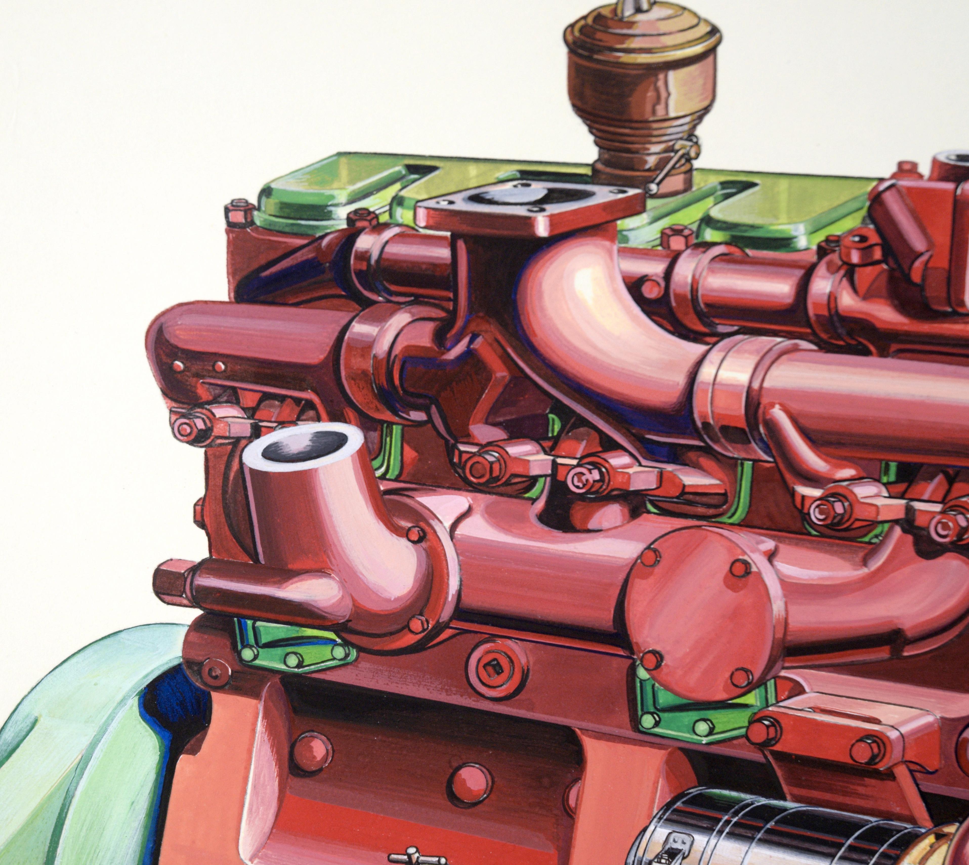 Technical Illustration of a Ford Lehman Diesel Engine in Gouache on Heavy Cardstock

Highly detailed and precise illustration of an engine by Joseph Yeager (American, 20th Century). The engine is bright red with some green accents. It is rendered in