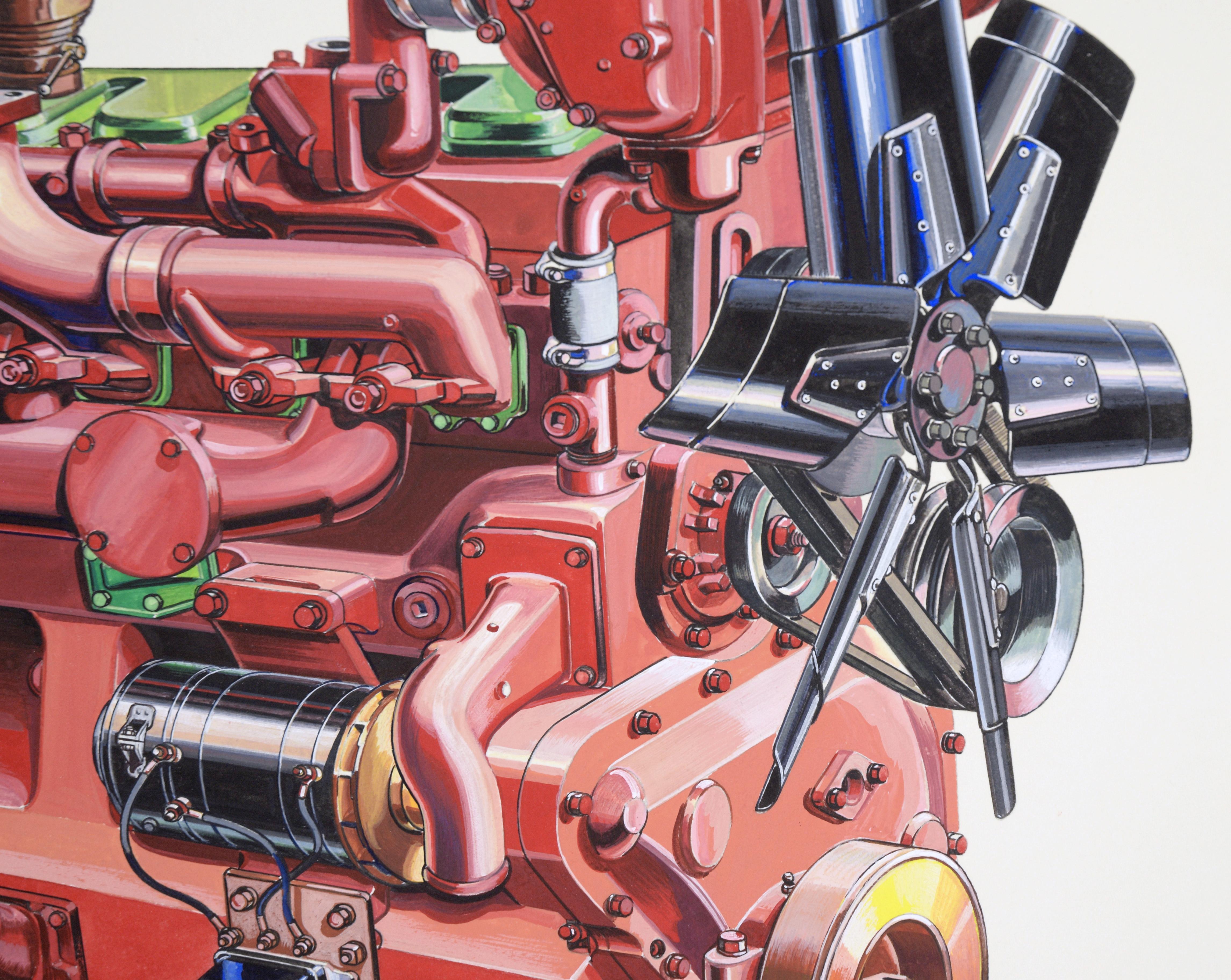 Technical Illustration of a Ford Lehman Engine in Gouache on Heavy Cardstock For Sale 1