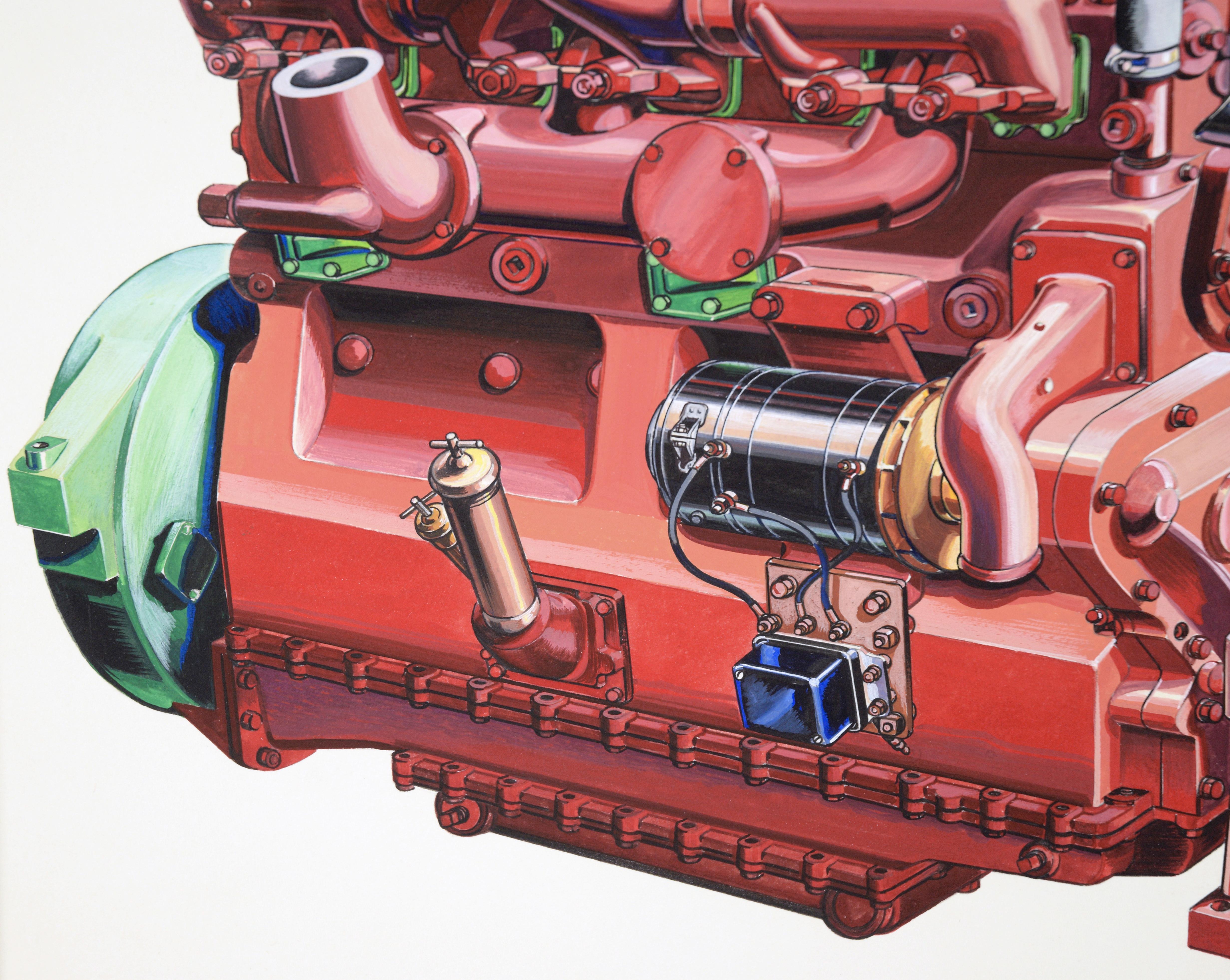 Technical Illustration of a Ford Lehman Engine in Gouache on Heavy Cardstock For Sale 2