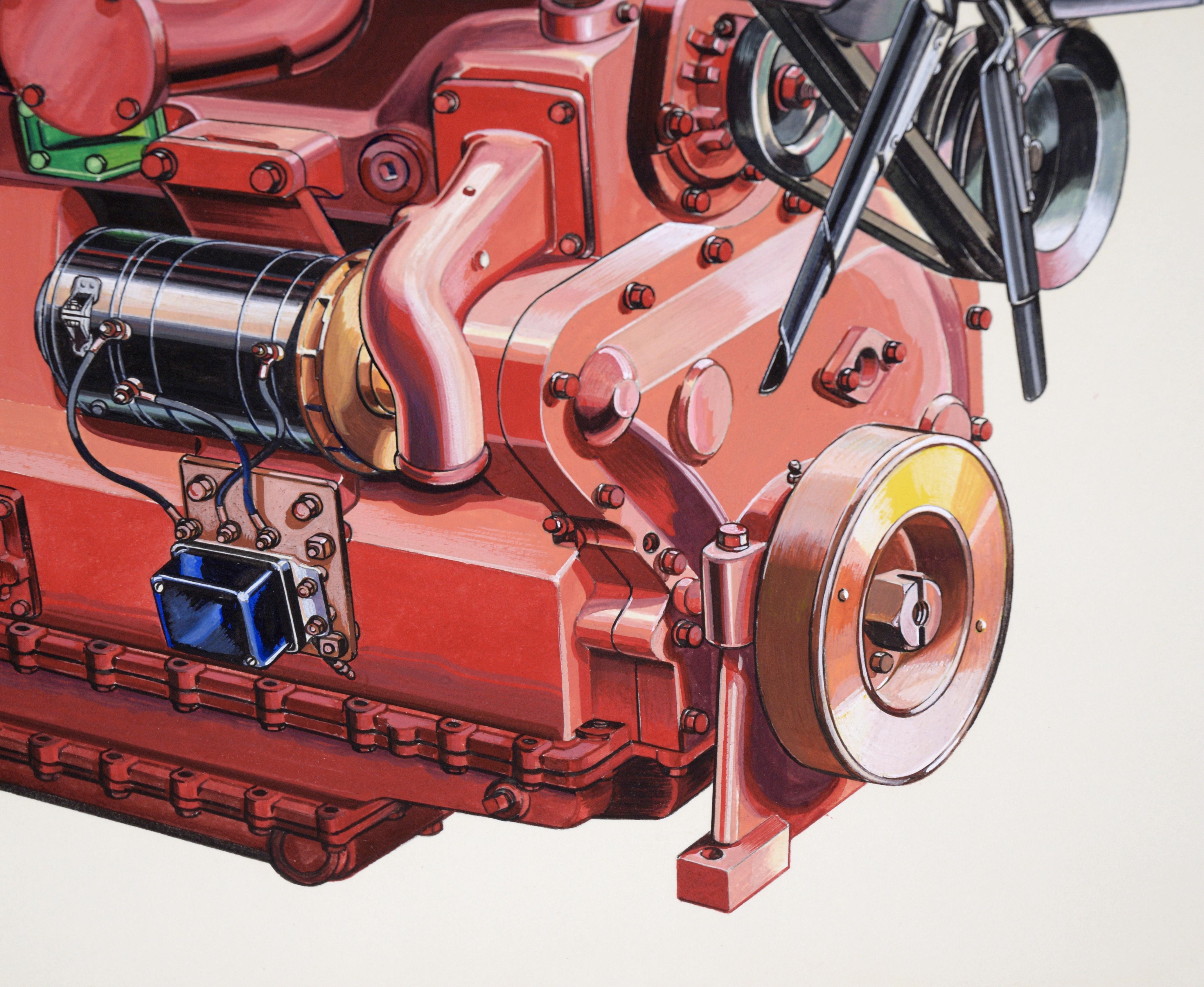 Technical Illustration of a Ford Lehman Engine in Gouache on Heavy Cardstock For Sale 3