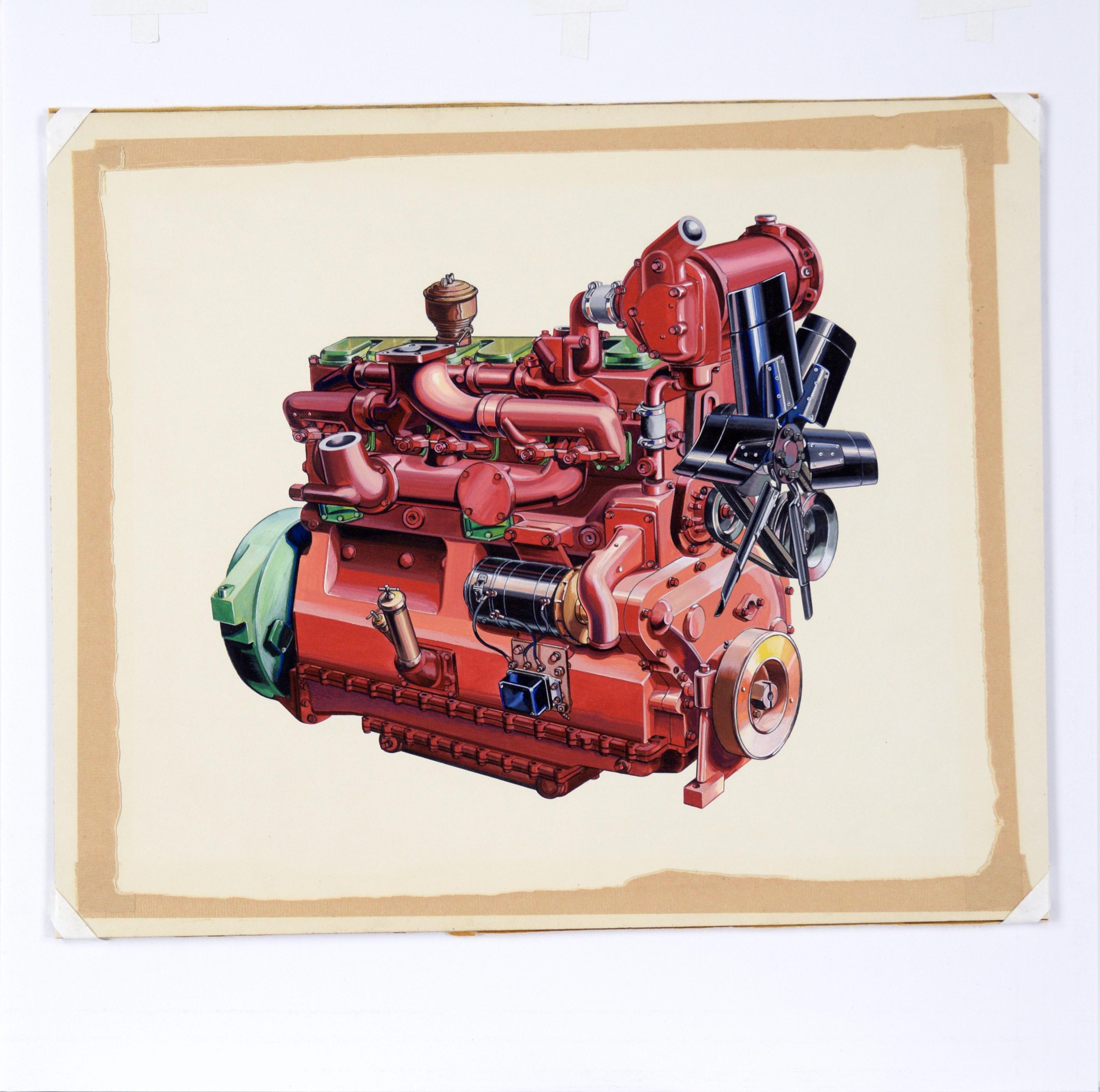 Technical Illustration of a Ford Lehman Engine in Gouache on Heavy Cardstock For Sale 4