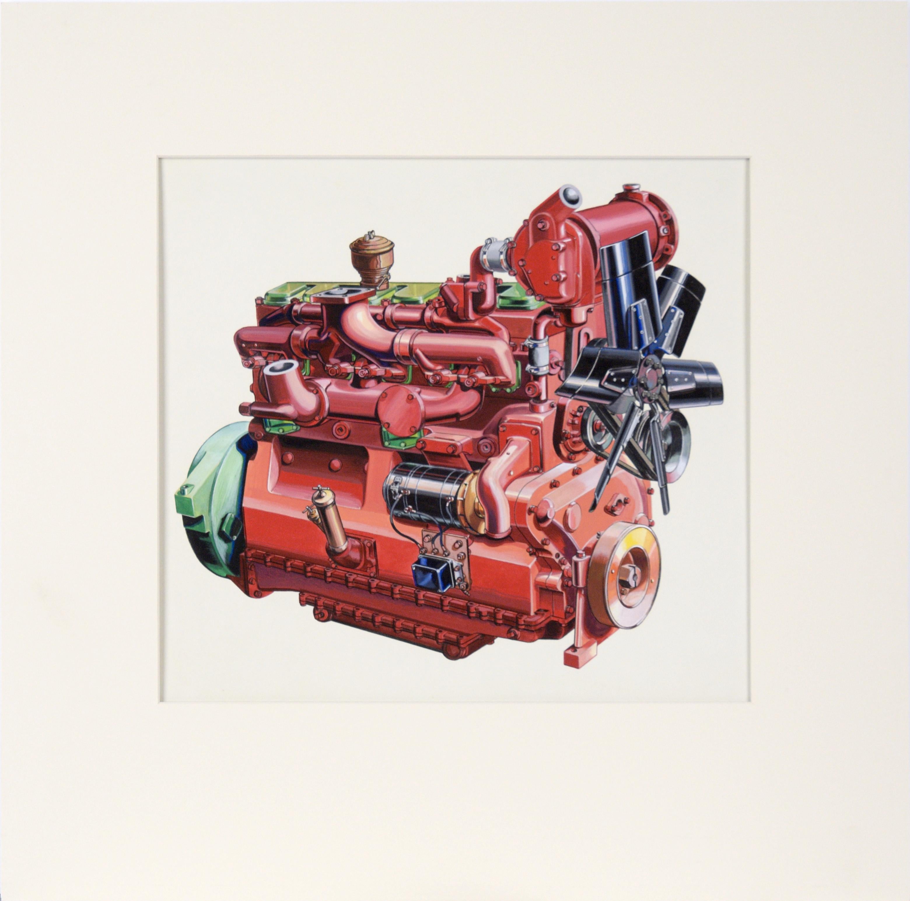 Illustration technique d'un moteur Ford Lehman à la gouache sur carton lourd - Art de Joseph Yeager