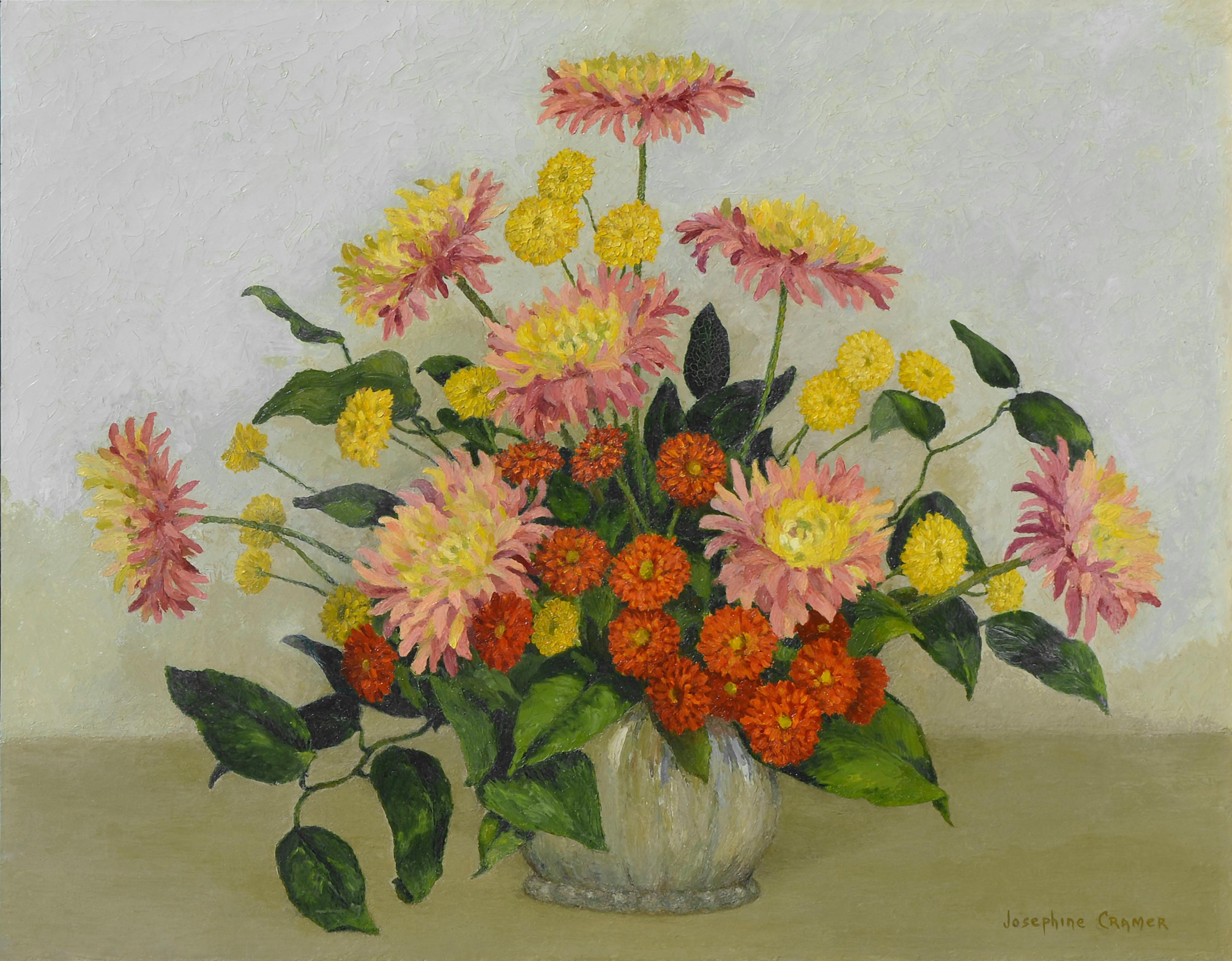 Mid-Century Dahlias & Chrysanthemums Still Life - Painting by Josephine Cramer