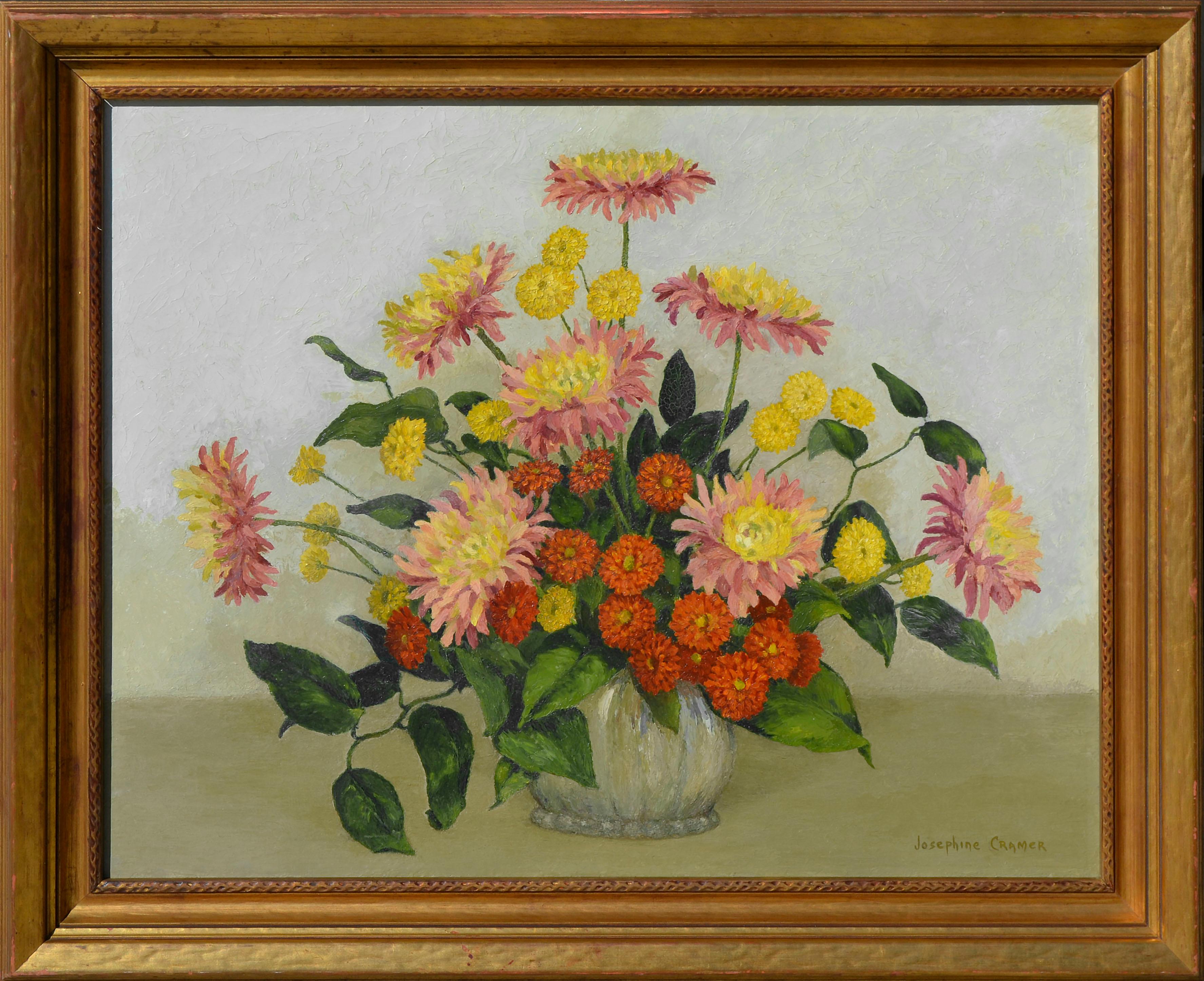 Josephine Cramer Still-Life Painting - Mid-Century Dahlias & Chrysanthemums Still Life