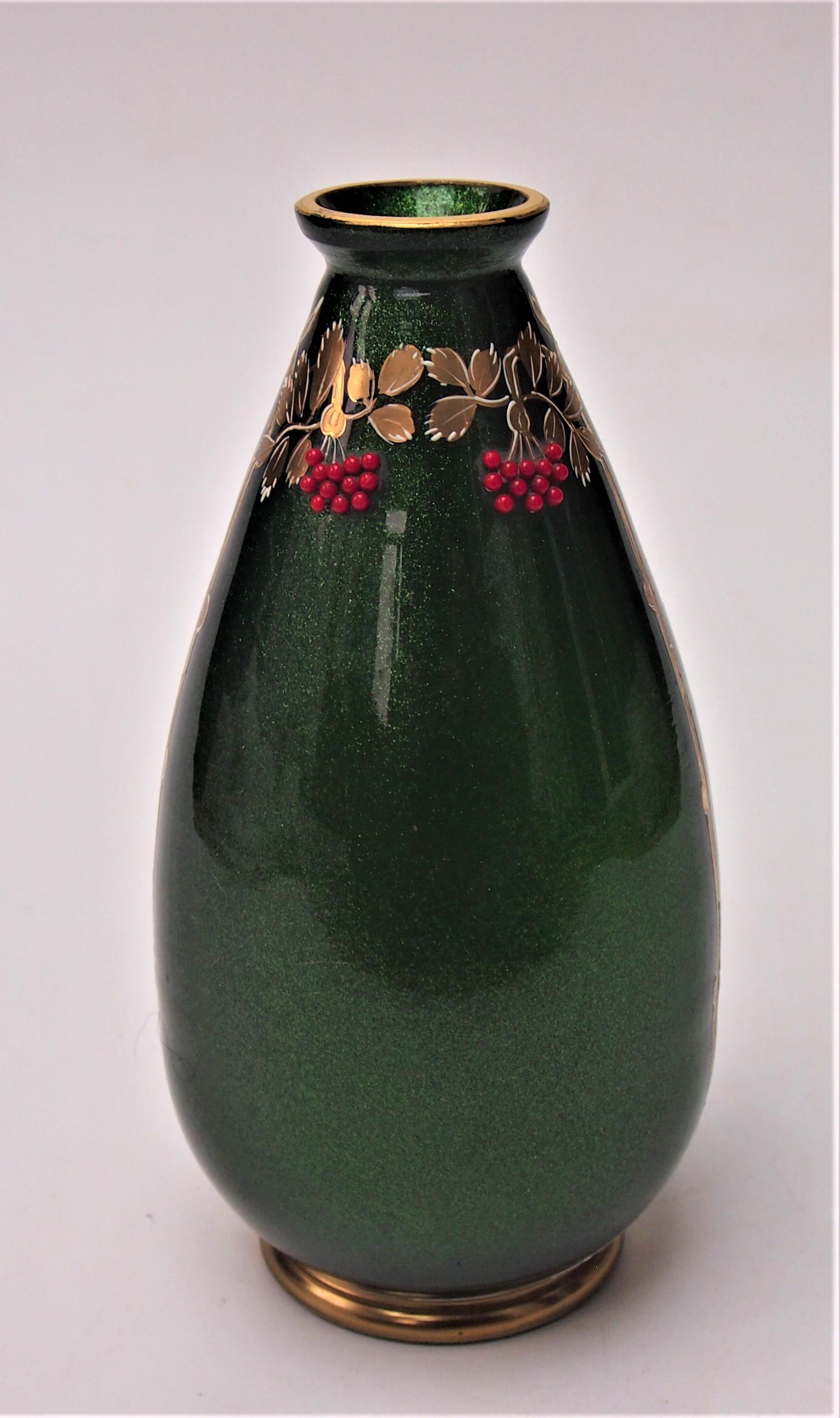 Exceptionally unusual Josephine Hutte green aventurine vase - gilded and enamelled in white in a secessionist style pattern with stylised branches and leaves with tiny applied red bead clusters (in 11s and 12s). Green aventurine is an wonderful