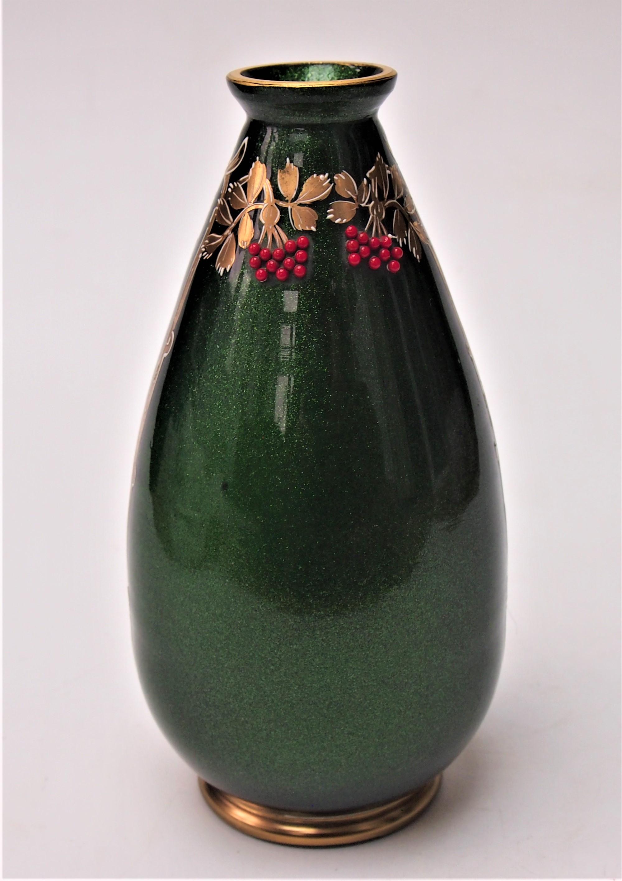 Vienna Secession Josephine gilded and enamelled red beaded green aventurine glass vase -German