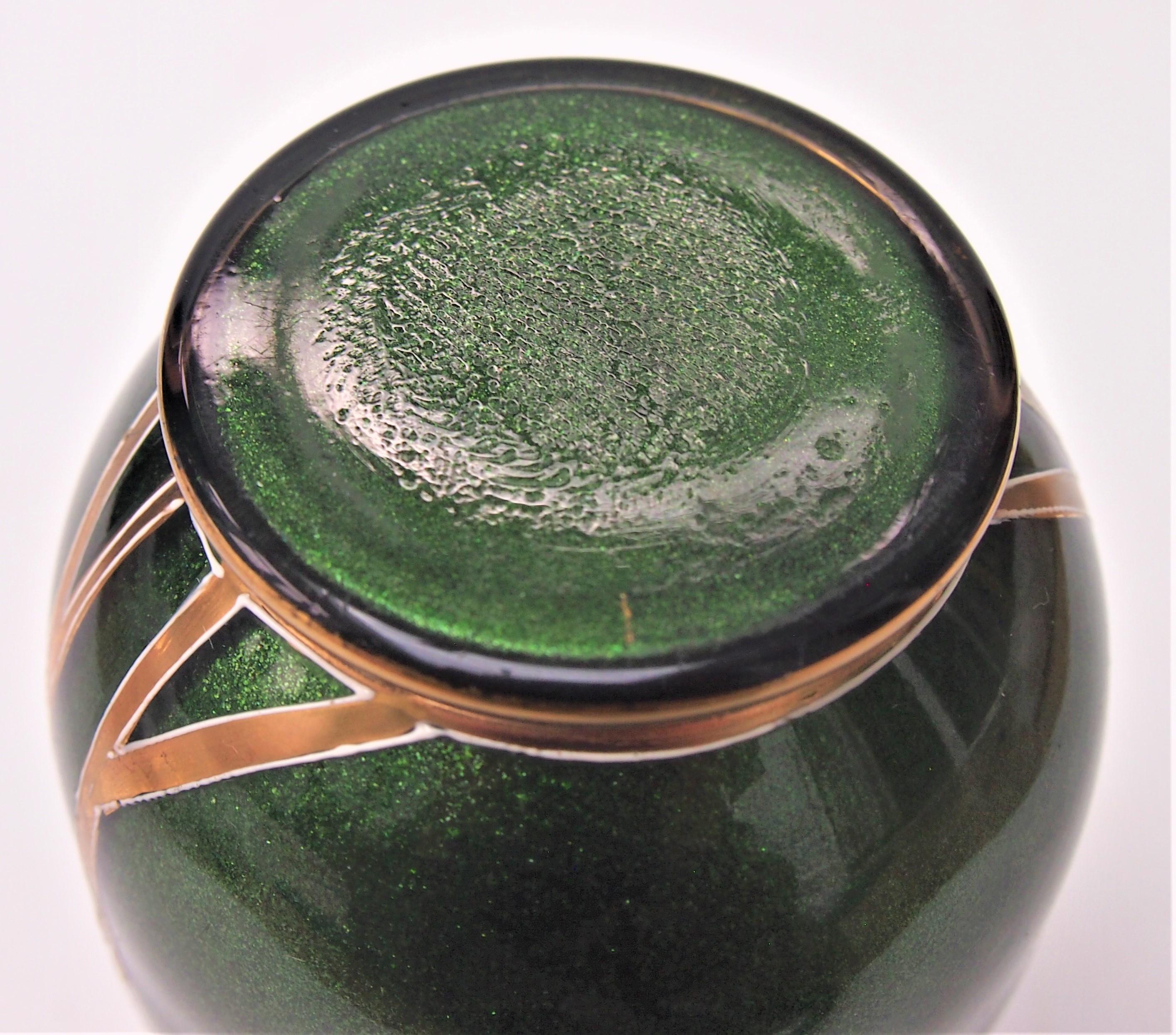 Early 20th Century Josephine gilded and enamelled red beaded green aventurine glass vase -German