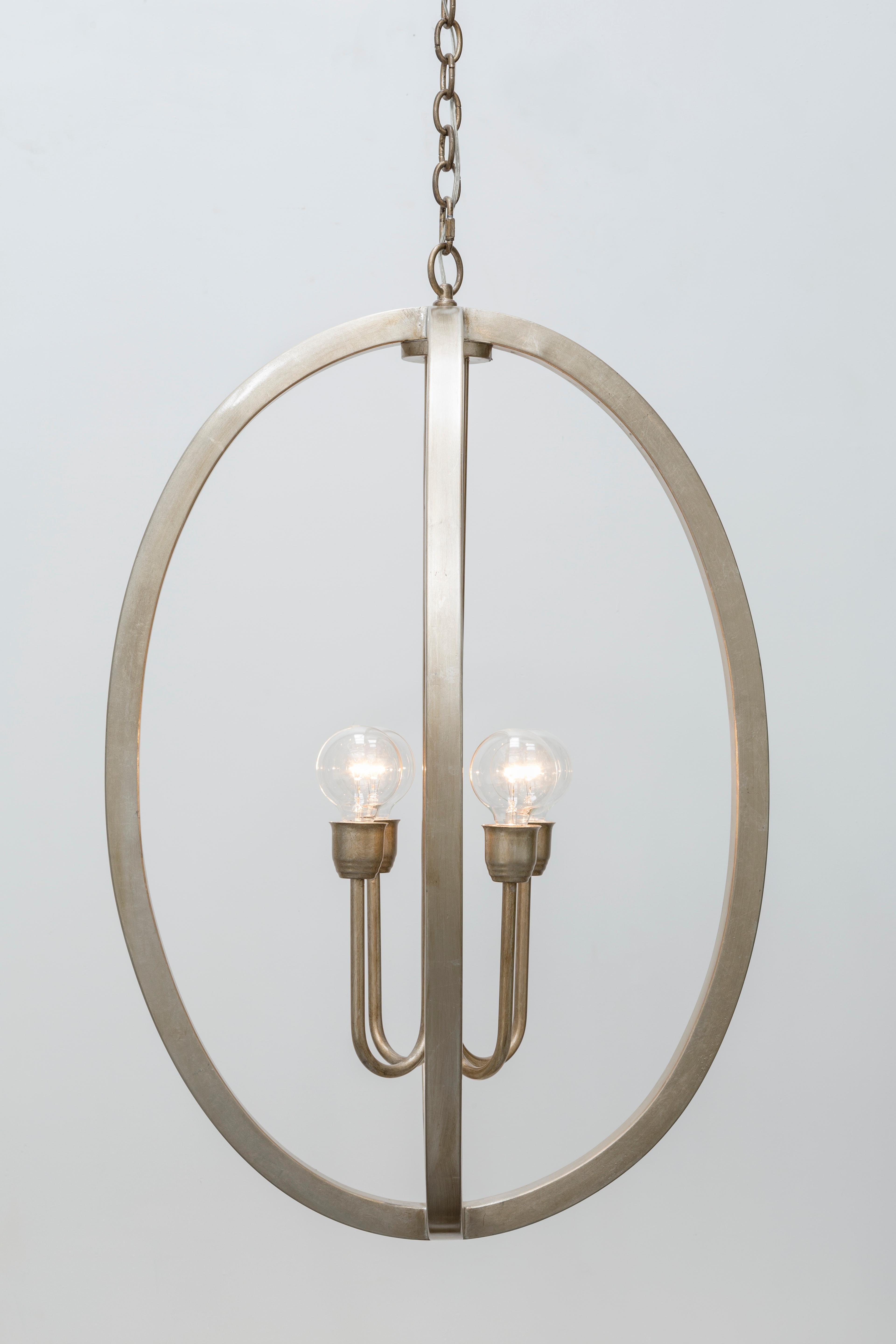 The Josephine pendant features antique silver leaf finish. Light bulbs: Four clear globe g25 standard base, 60 watt max (not included). Fully custom and made to order in California. CSA listed.
 