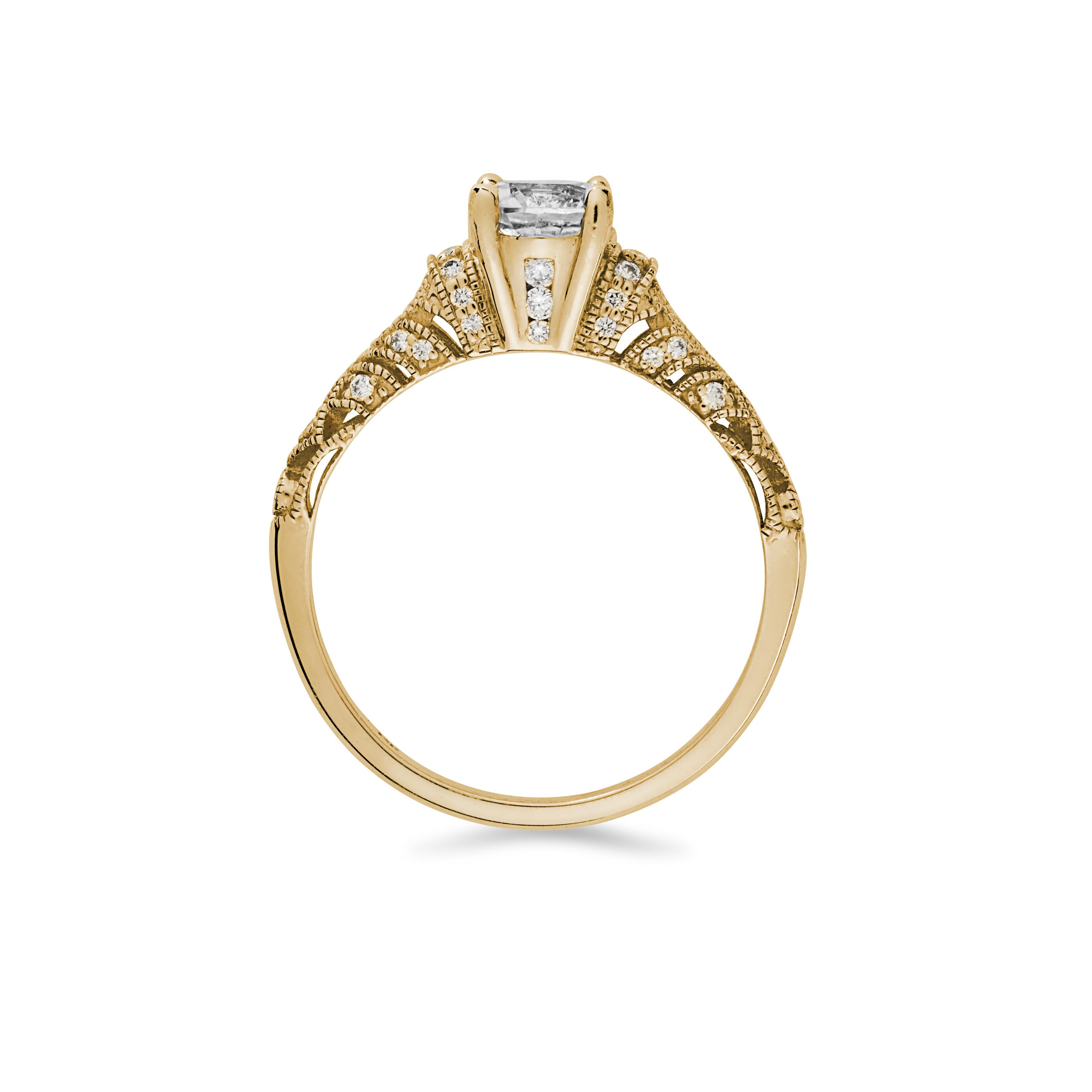 This vintage inspired ring features a round Moissanite center stone. Melee diamonds swirl around the finely detailed base warranting a second look, and a third, and a fourth.

Materials + Dimensions: 14k yellow gold, 0.59ct moissanite center stone,