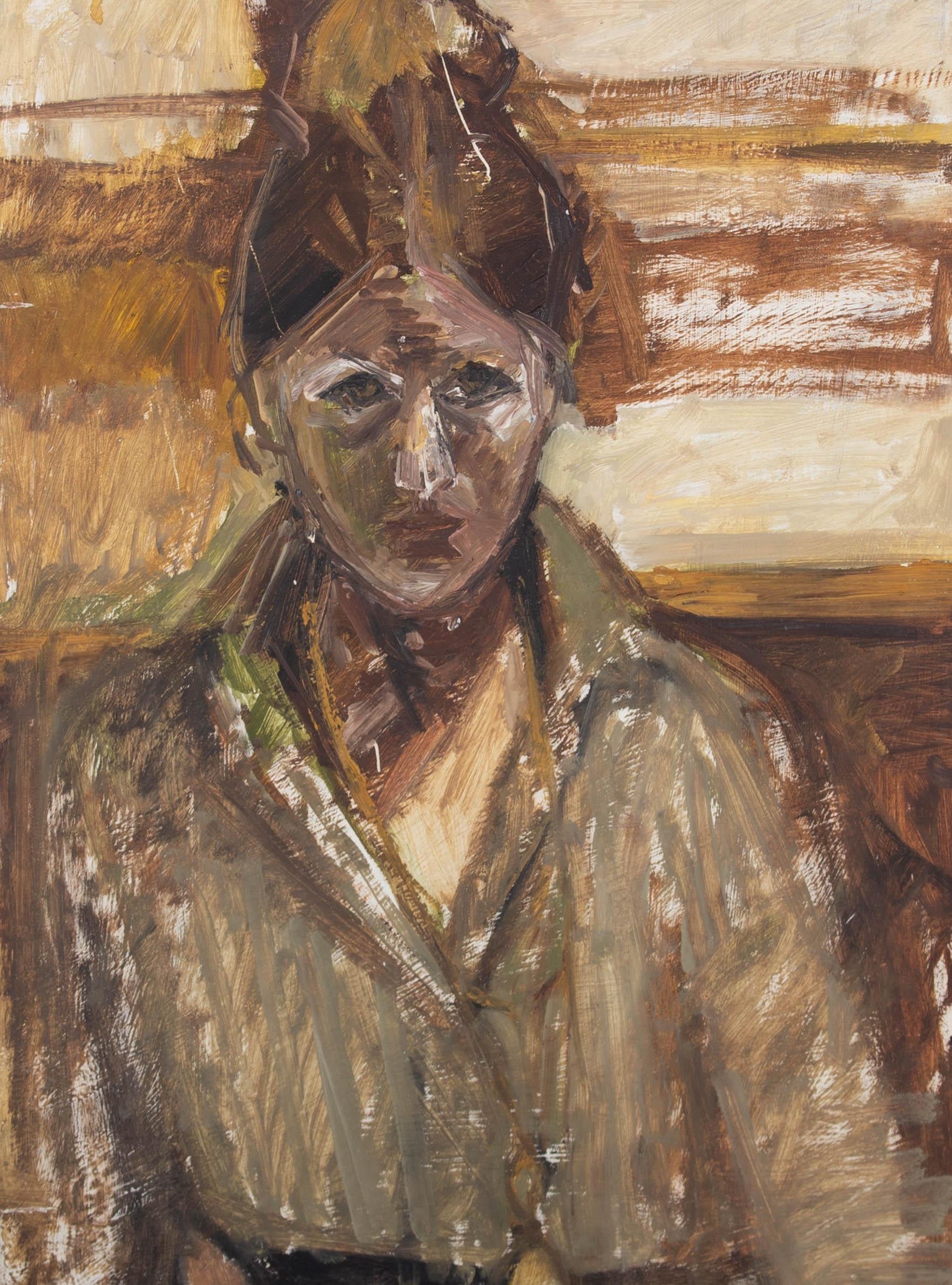 This expressive portrait depicts a woman with her hair swept back into a bun with a serious expression. Painted in an earthy palette of browns and greens, the artist uses sweeping, gestural brushstrokes to create a portrait that is full of movement