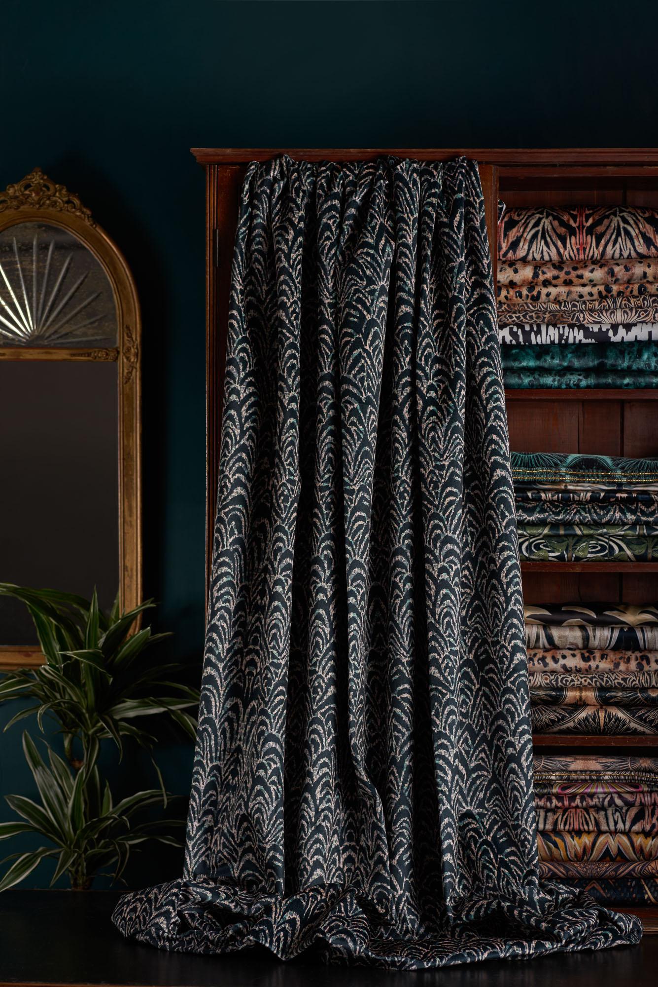 Josephine has a winning combination of vintage glamour and modern edge. Akin to our bestselling Siouxsie design, the tones of black petrol blush and nude are similar but this is a tighter, more art deco inspired print.

This velvet is midweight,