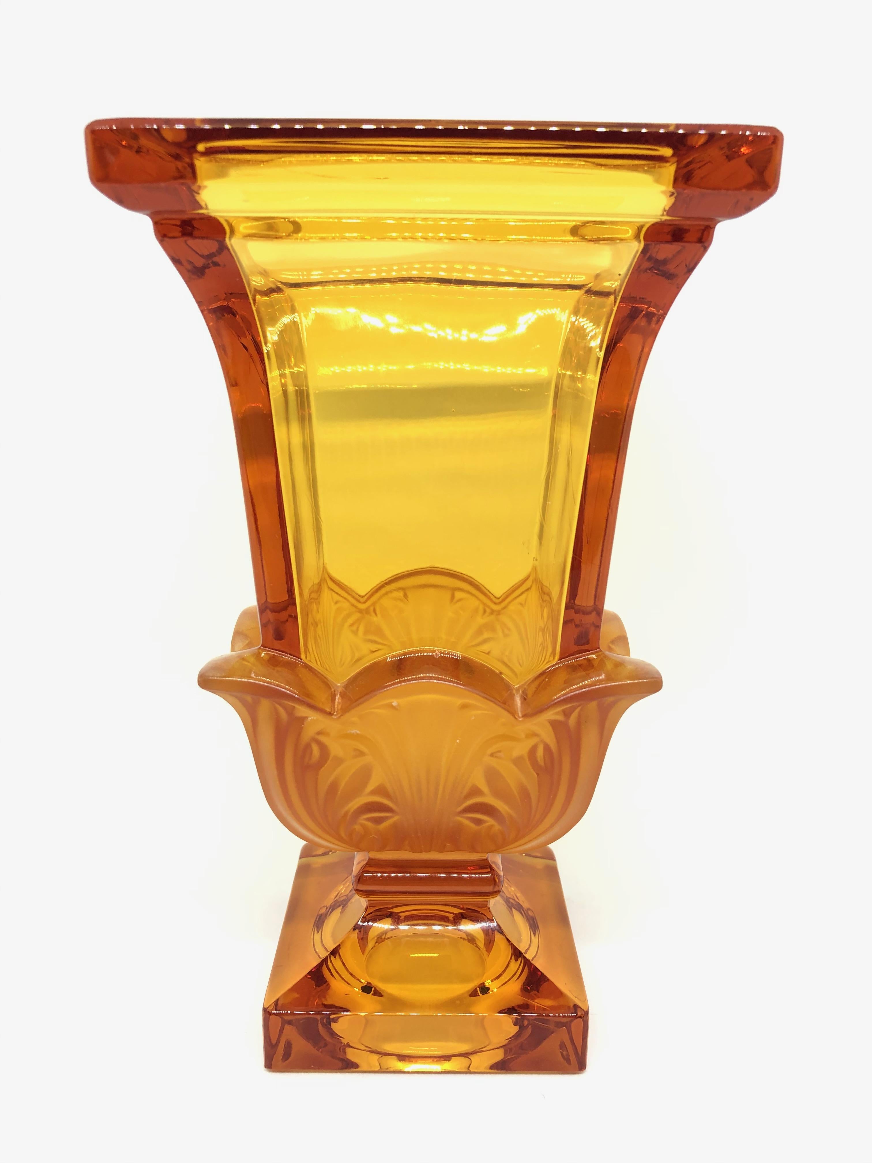 Mid-Century Modern Josephinenhuette Moser Style Amber colored Glass footed Vase Catchall, 1920s