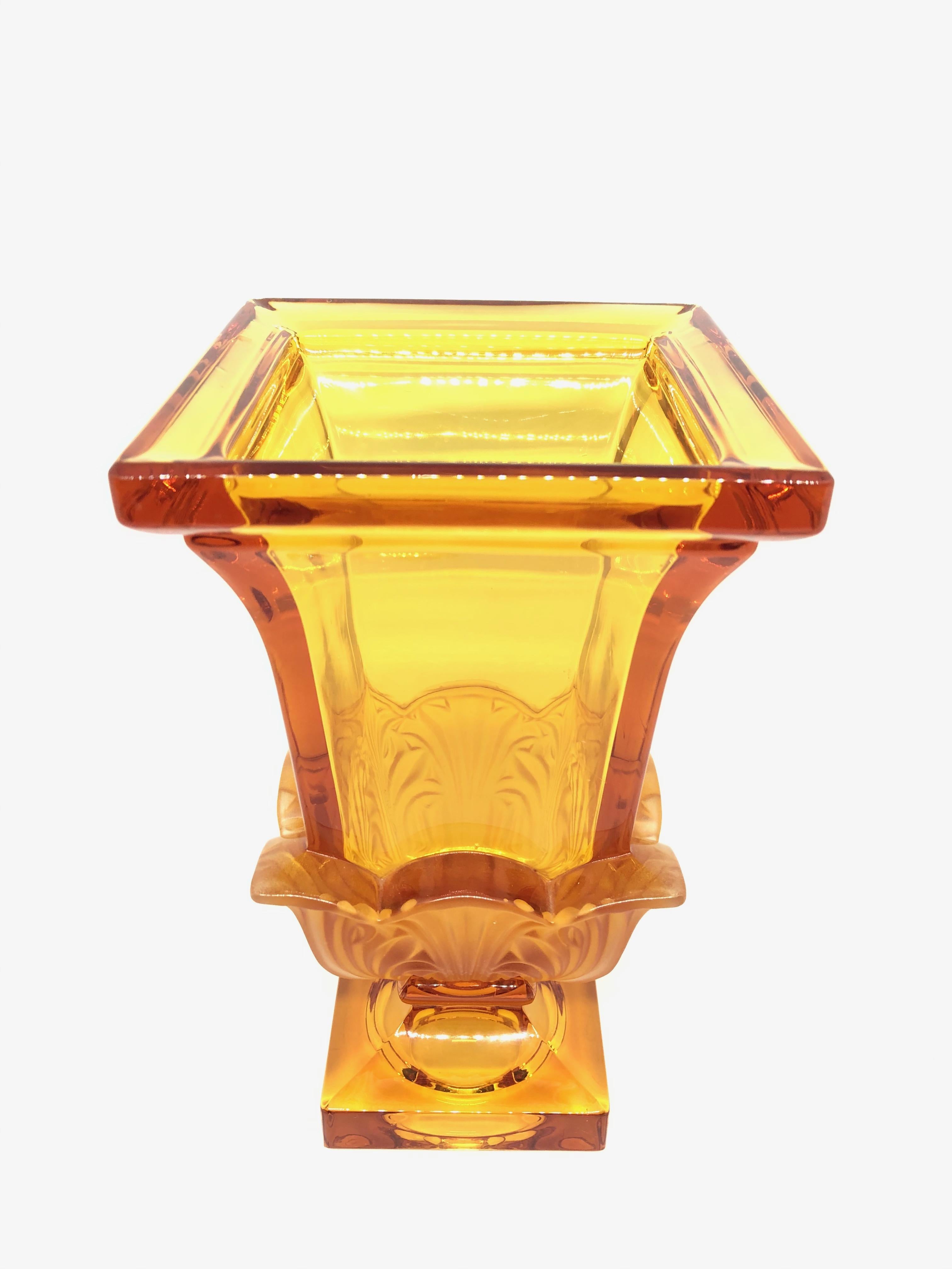 Czech Josephinenhuette Moser Style Amber colored Glass footed Vase Catchall, 1920s