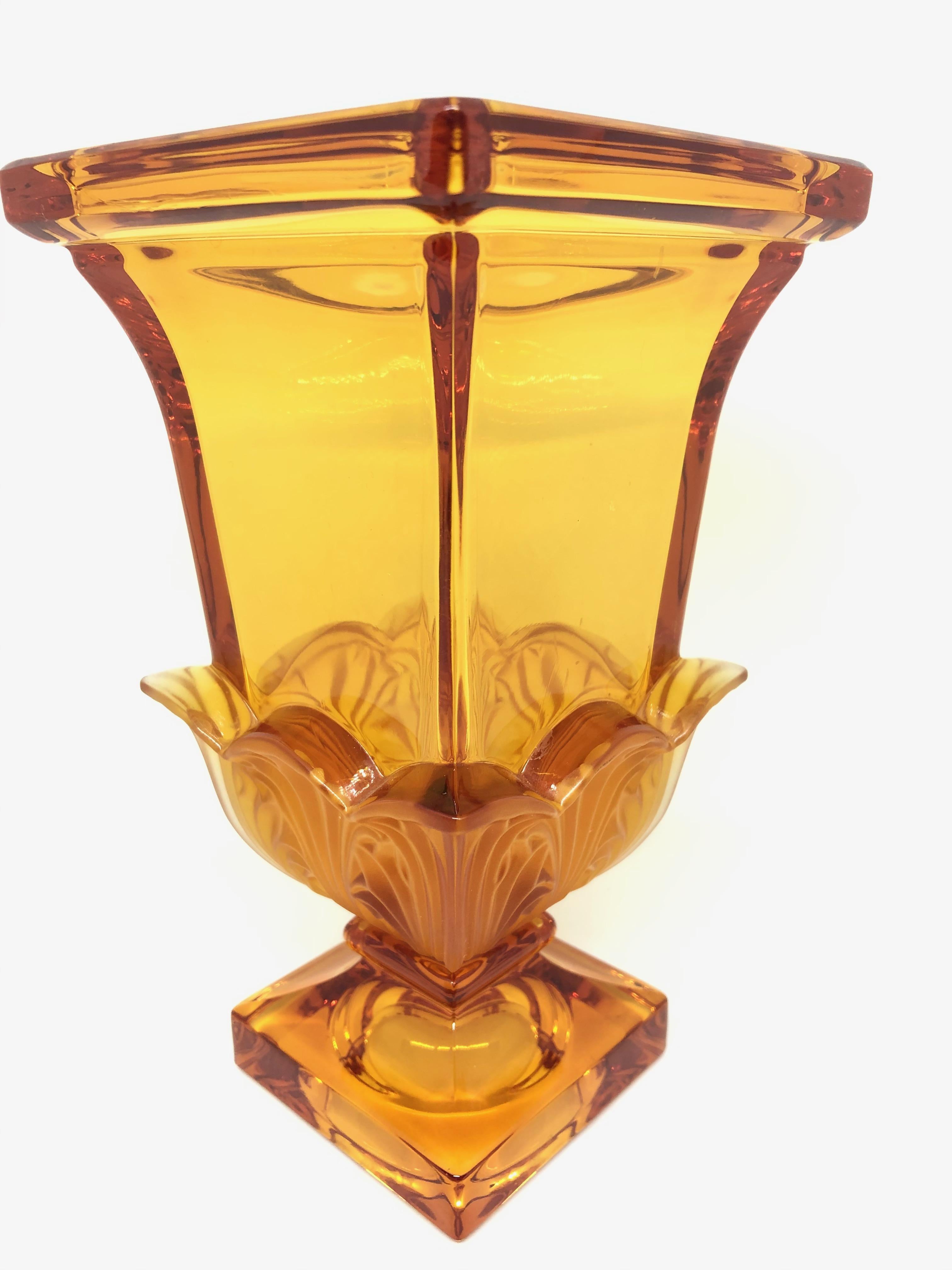 Hand-Crafted Josephinenhuette Moser Style Amber colored Glass footed Vase Catchall, 1920s
