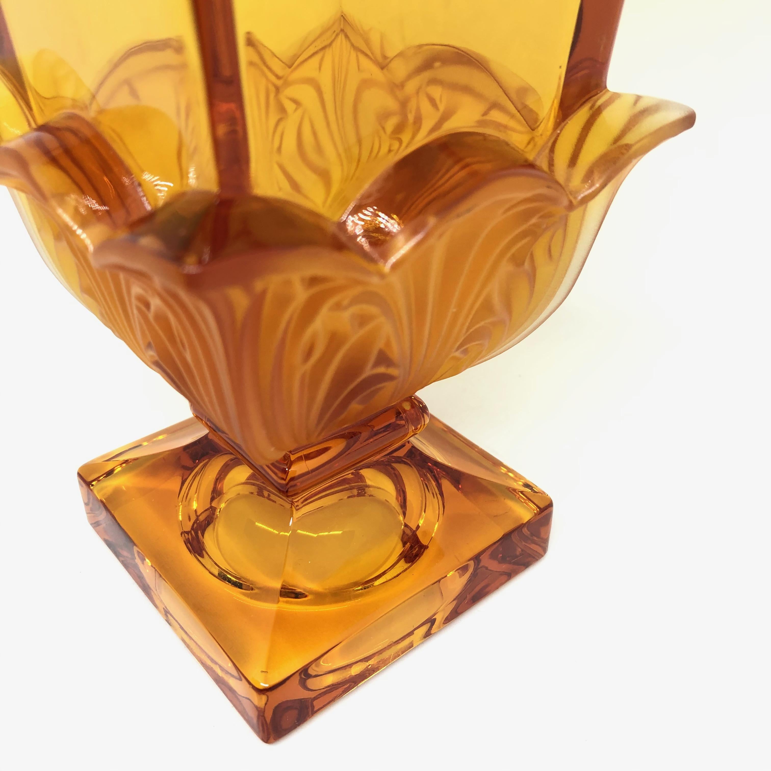 Early 20th Century Josephinenhuette Moser Style Amber colored Glass footed Vase Catchall, 1920s