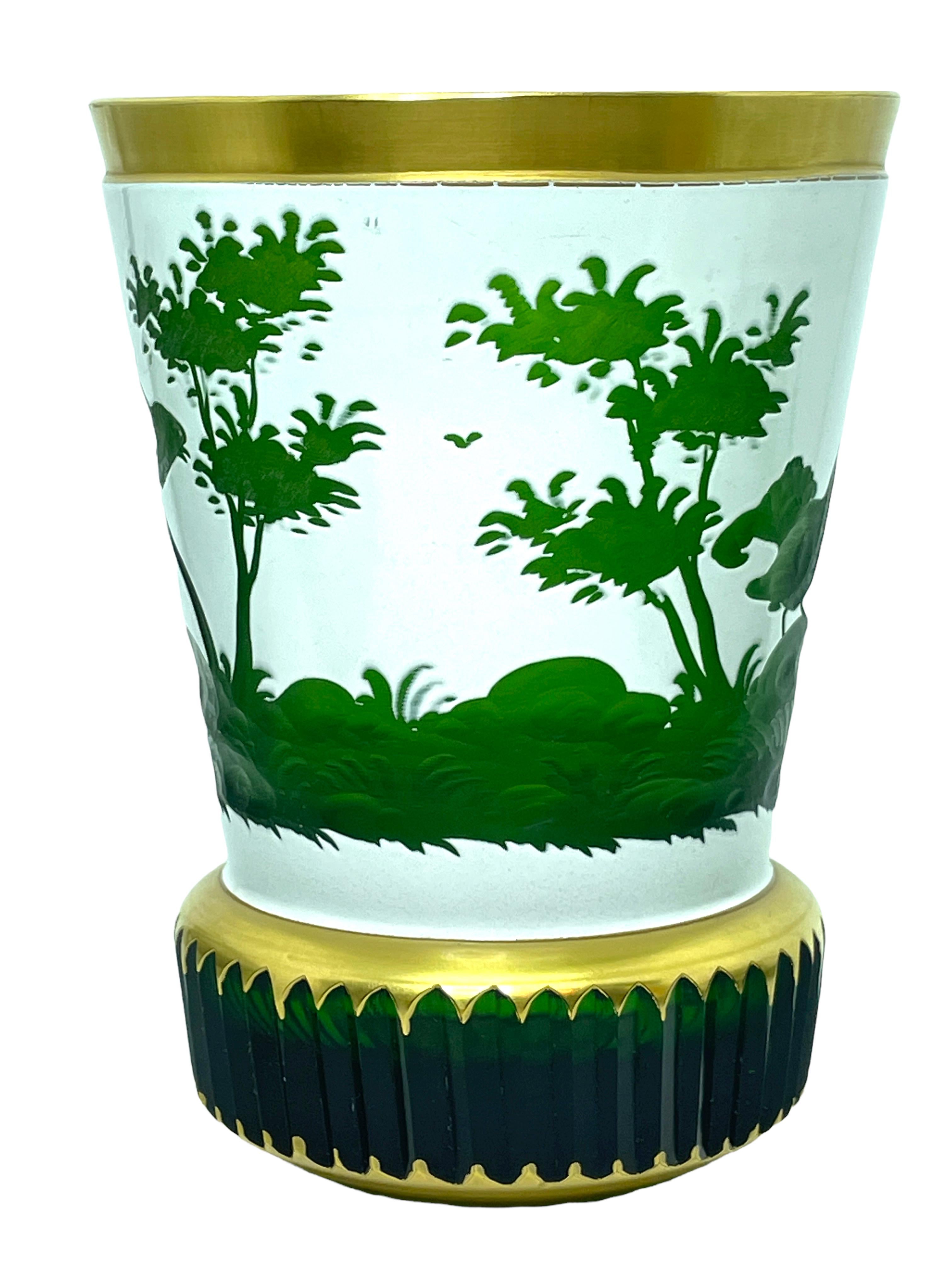 Czech Josephinenhutte Moser Style Green Colored Glass Gold and White, 1960s For Sale