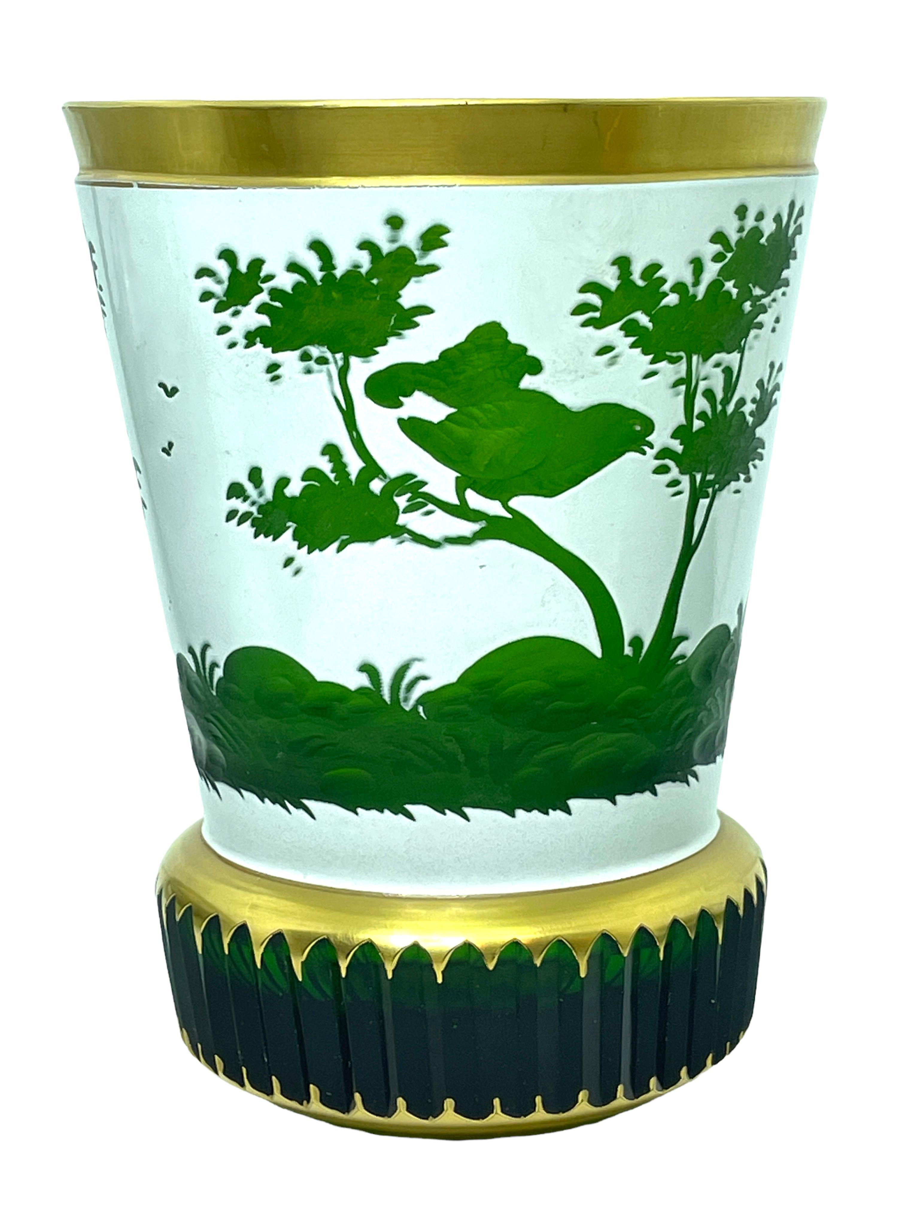Hand-Crafted Josephinenhutte Moser Style Green Colored Glass Gold and White, 1960s For Sale