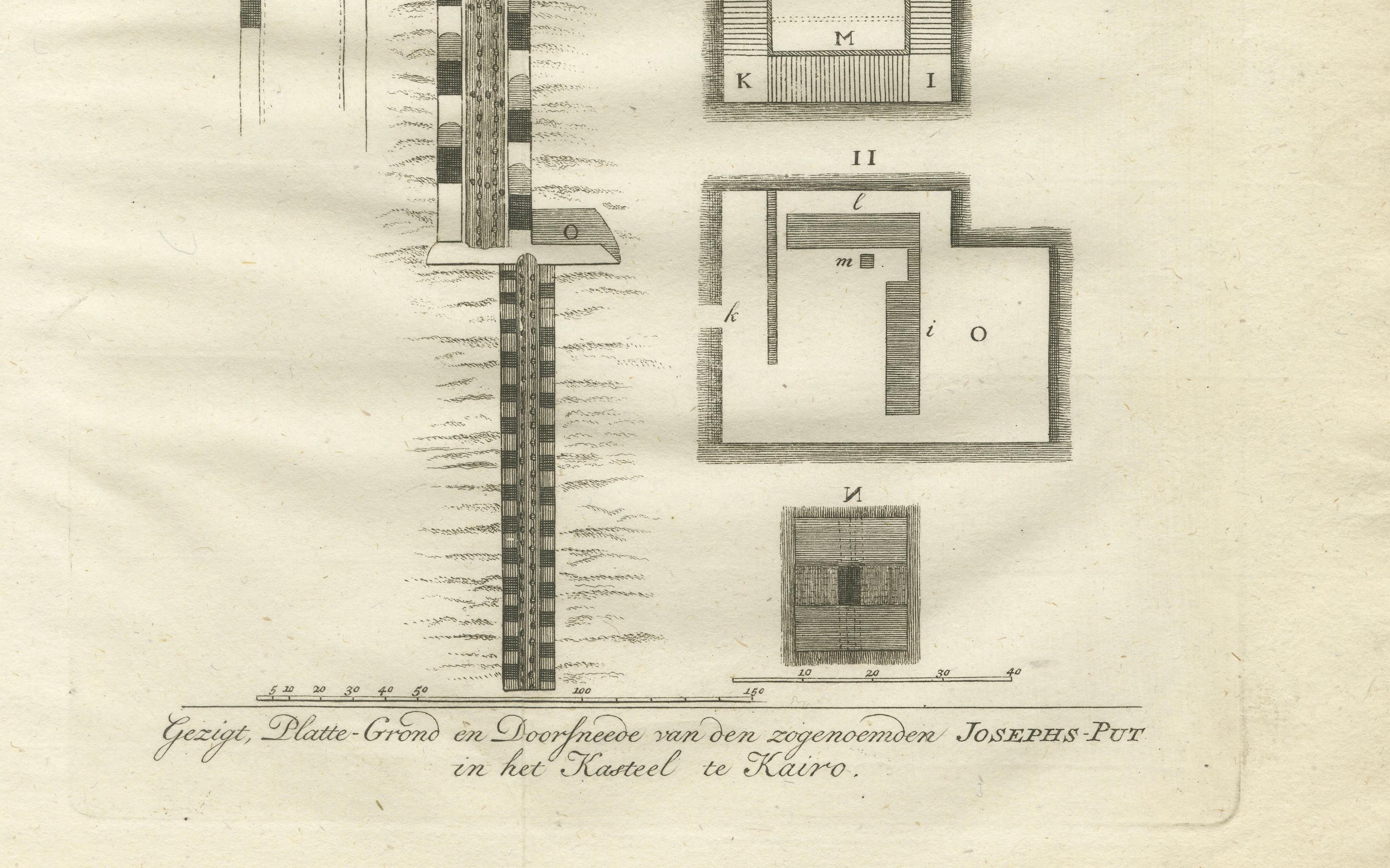 Pozo de José en la Ciudadela de El Cairo - Grabado en sección y plano, Egipto 1776 Holandés en venta