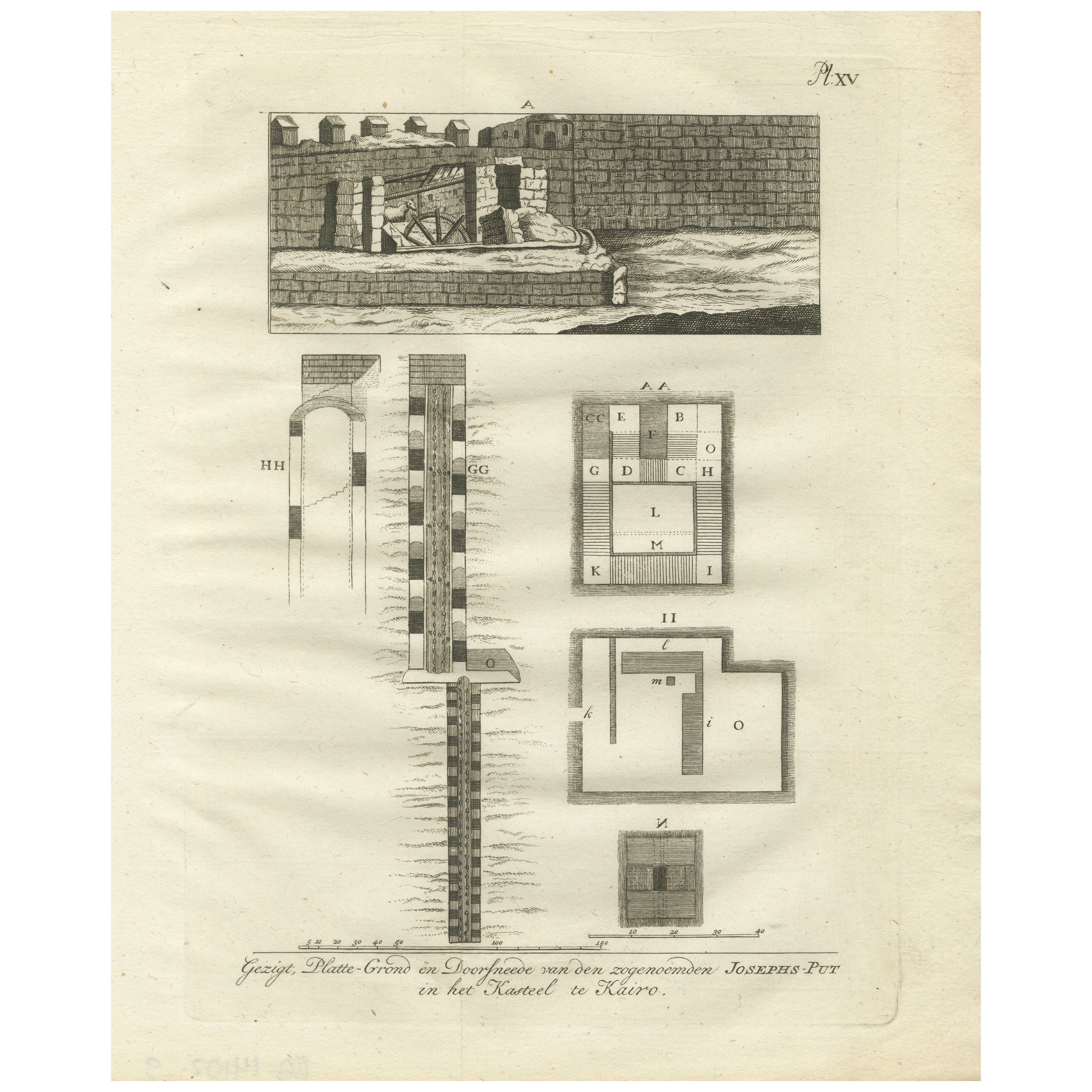 Pozo de José en la Ciudadela de El Cairo - Grabado en sección y plano, Egipto 1776