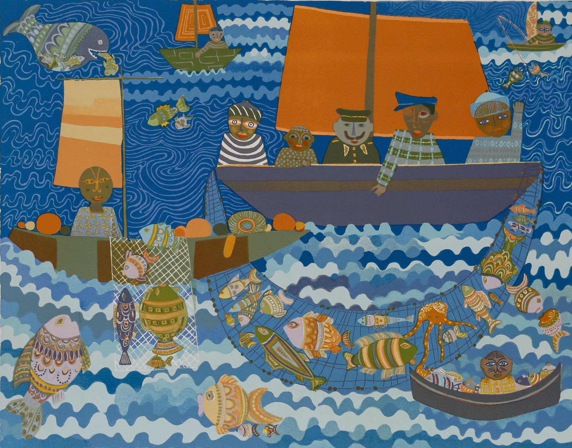 Josette Bardoux (b.1948) - 20th Century Lithograph, Les Pêcheurs - Print by Josette BARDOUX