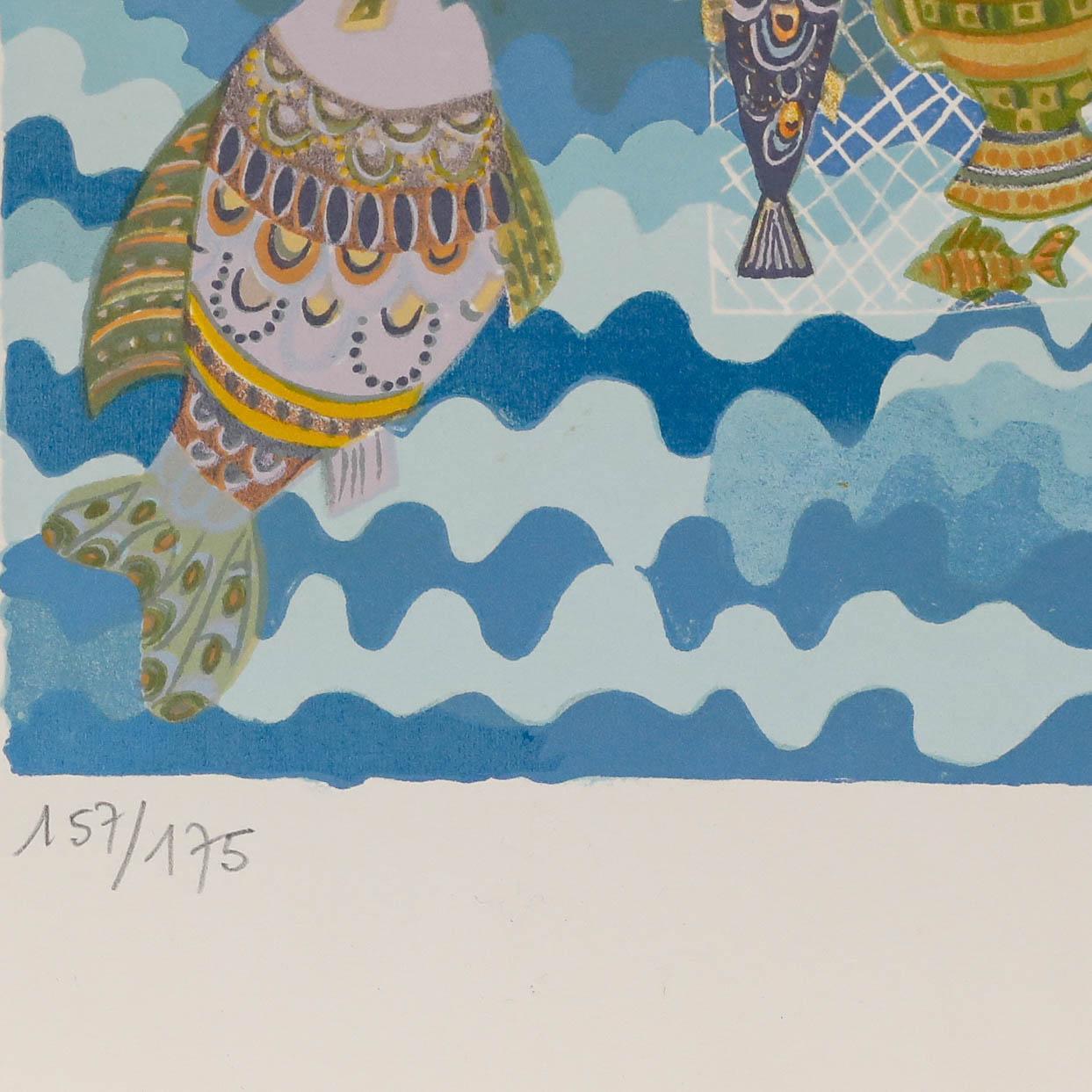 Josette Bardoux (b.1948) - 20th Century Lithograph, Les Pêcheurs - Gray Figurative Print by Josette BARDOUX