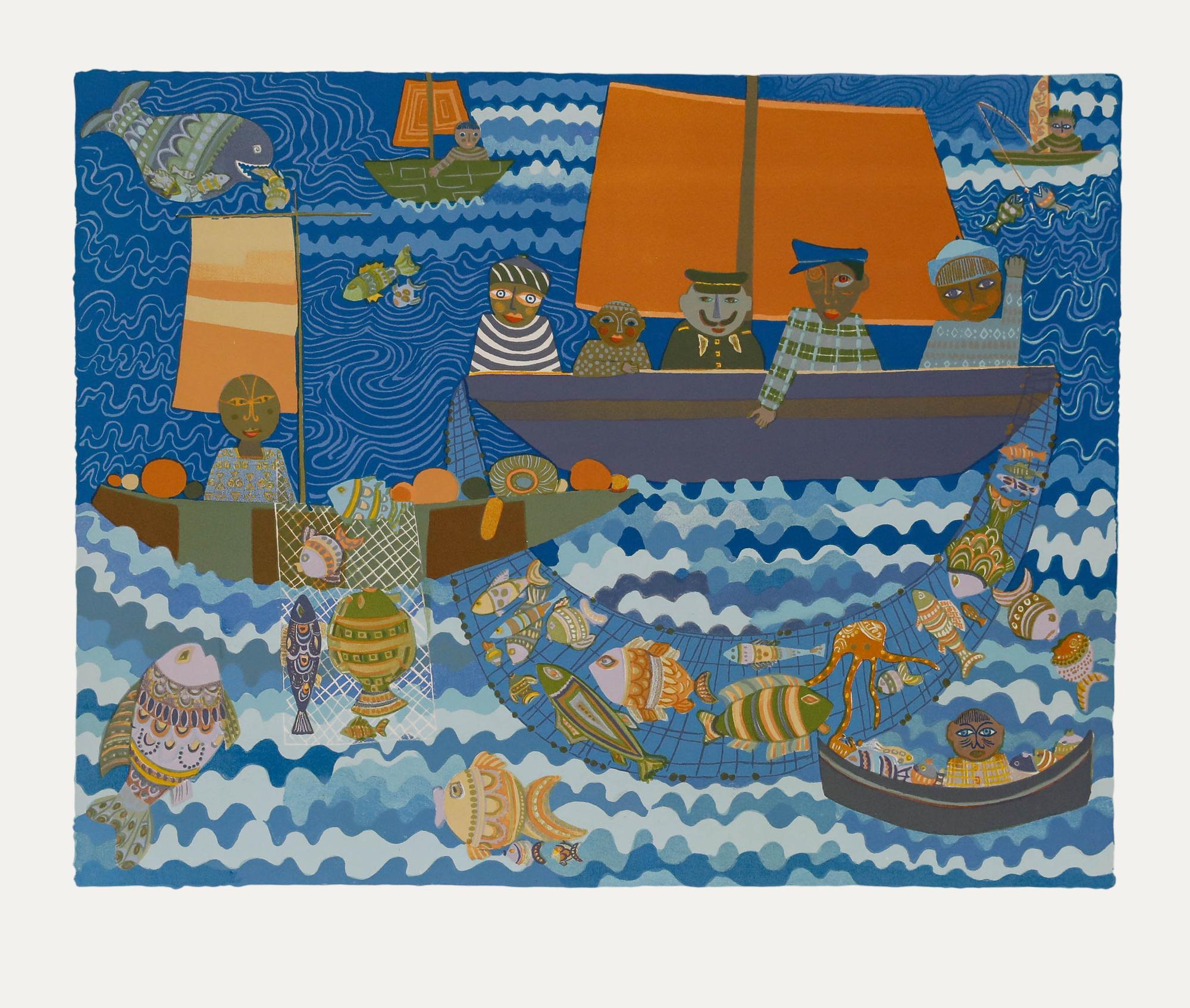 Josette BARDOUX Figurative Print - Josette Bardoux (b.1948) - 20th Century Lithograph, Les Pêcheurs