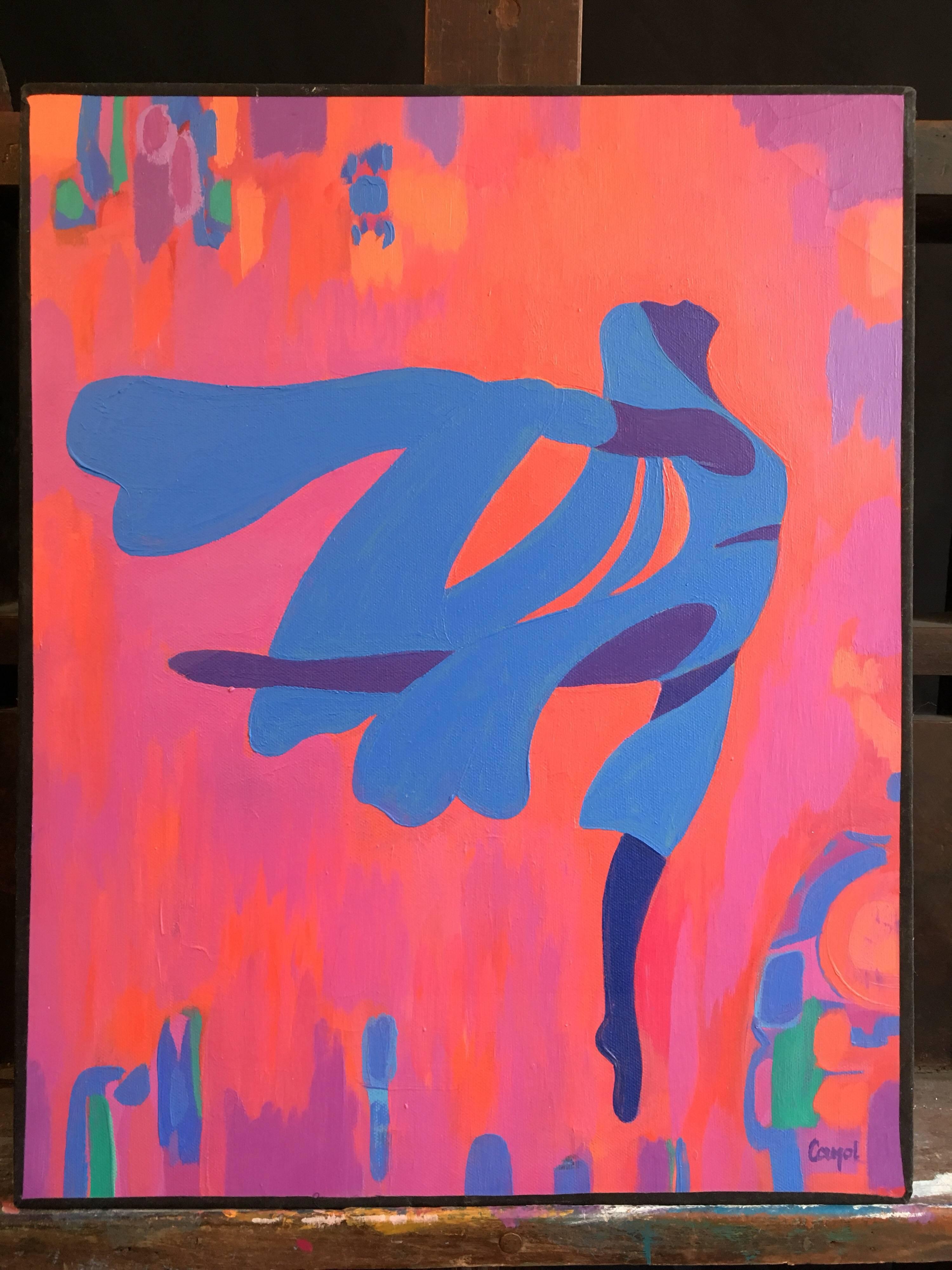 Dancer, Abstract French Oil Painting, Large Size - Pink Abstract Painting by Josette Cayol
