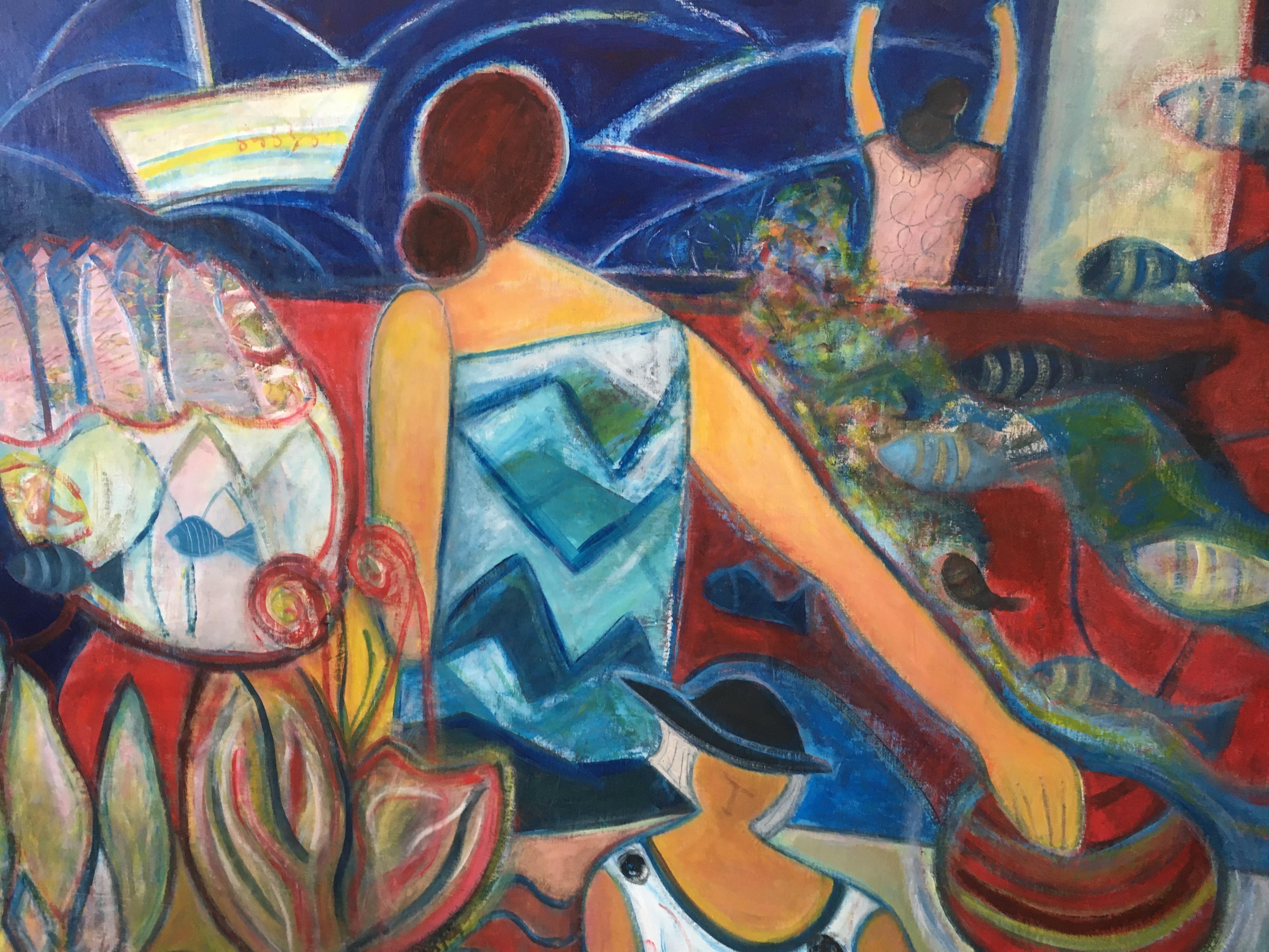 Diese 39 "x 47" Acryl auf Leinwand Gemälde von Josette Simon-Gestin zeigt eine bunte Sommer imaginären Meereslandschaft mit weiblichen Figuren. "Ich habe diese Serie von drei Werken gemalt, als ich in der Bretagne eingeschlossen war, betäubt und