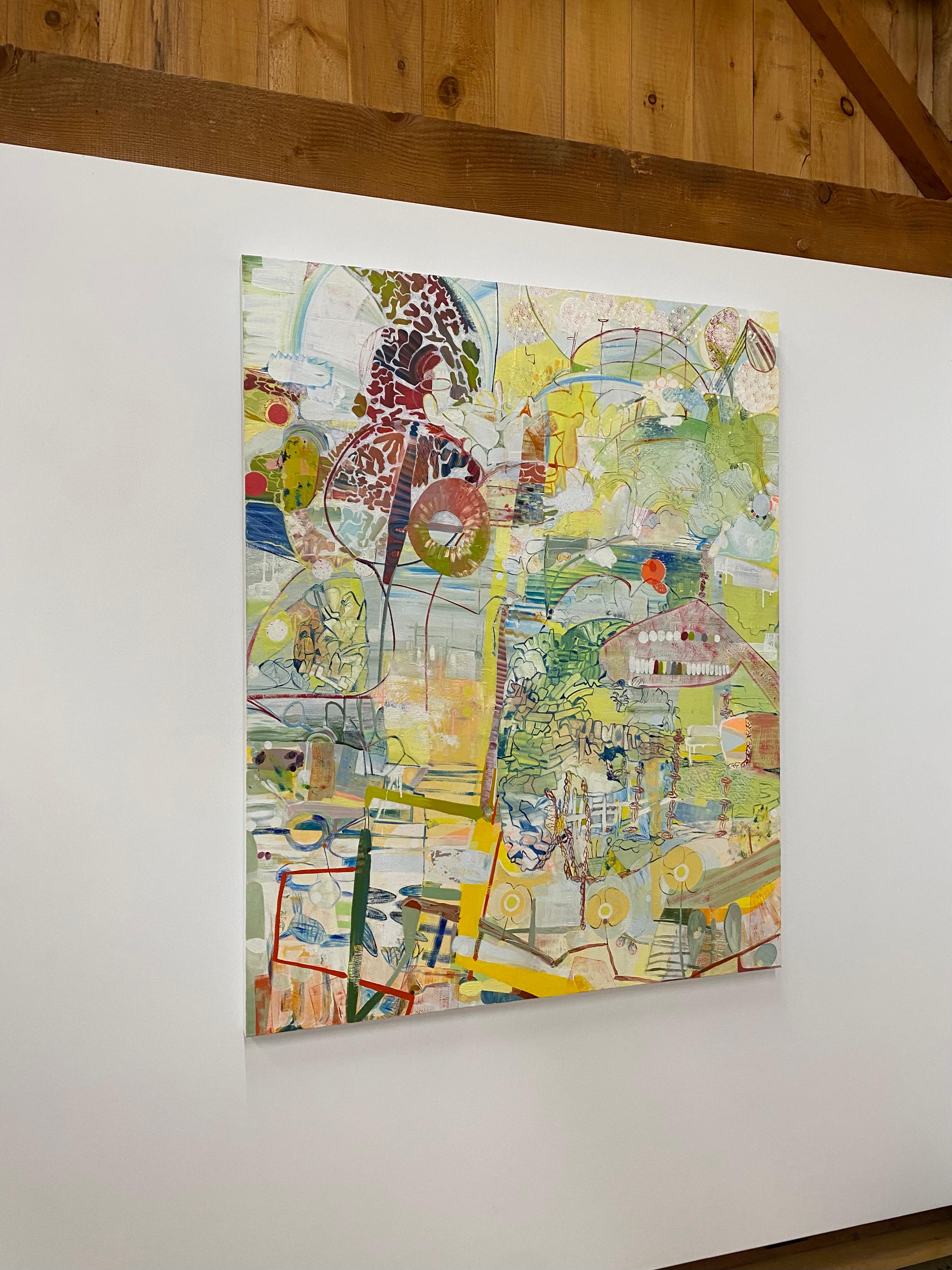 Ed eccoti qui - Giallo, verde, blu, borgogna, bianco, motivi astratti, 2021 - Painting di Josette Urso