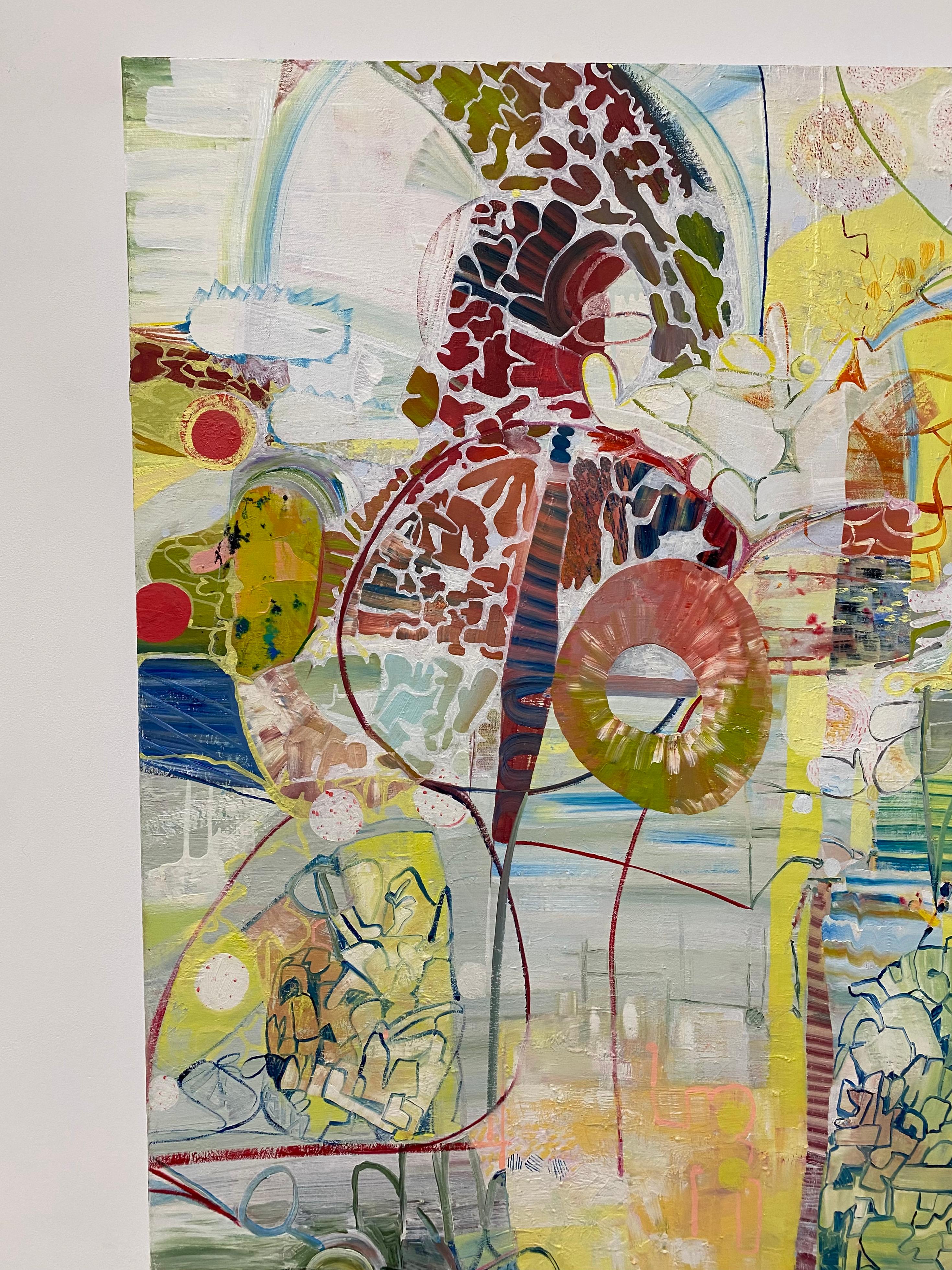 Ed eccoti qui - Giallo, verde, blu, borgogna, bianco, motivi astratti, 2021 - Painting Contemporaneo di Josette Urso
