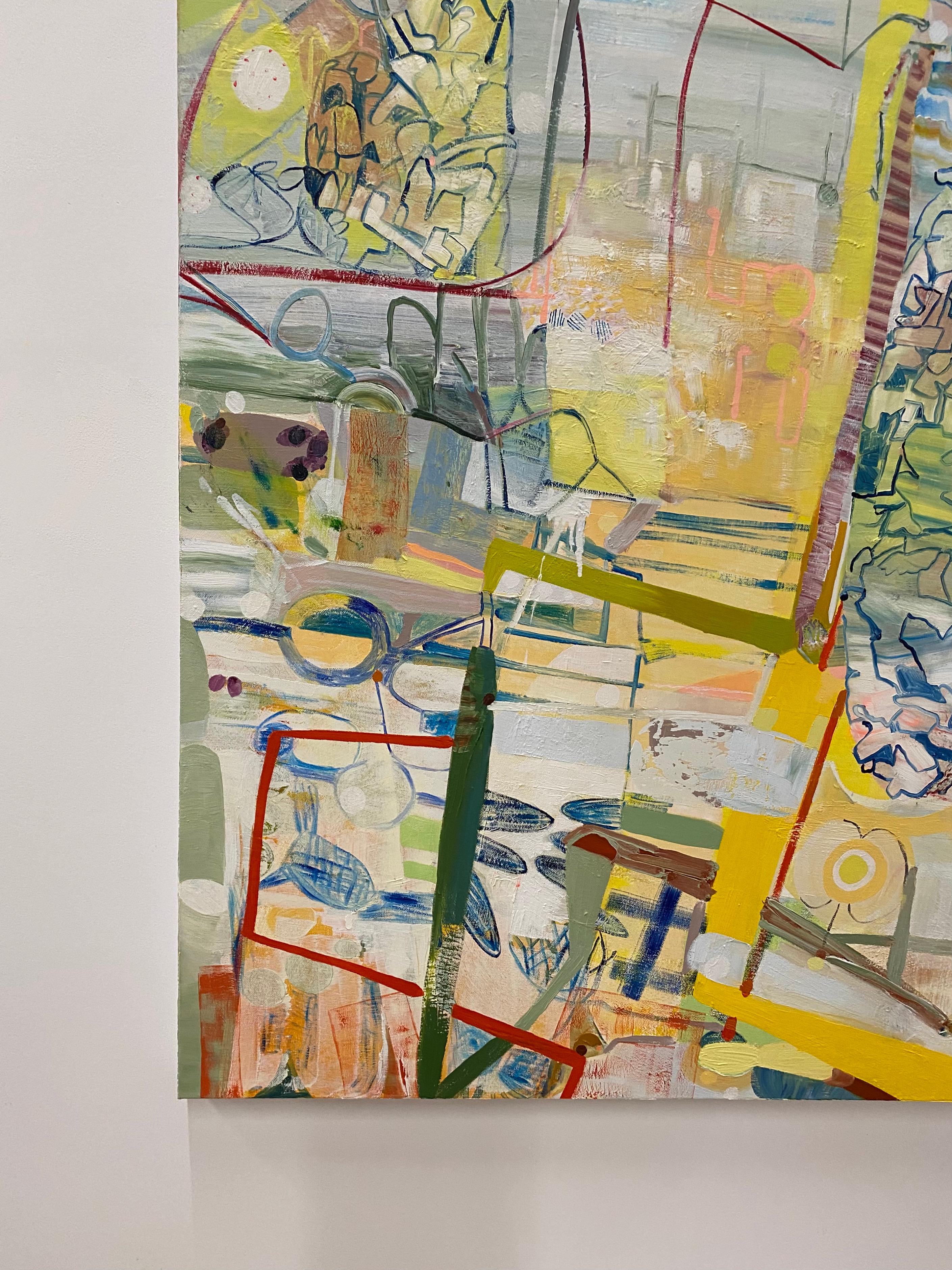 Ed eccoti qui - Giallo, verde, blu, borgogna, bianco, motivi astratti, 2021 - Abstract Painting Beige di Josette Urso