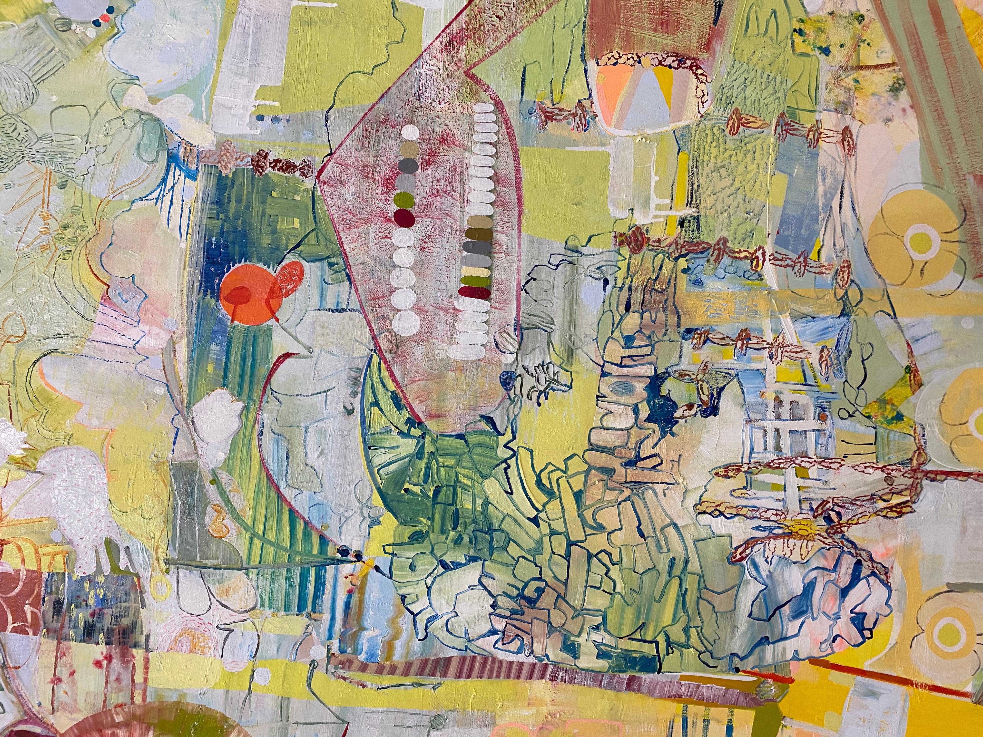 Questo quadro astratto contemporaneo a olio su tela è composto da sezioni sapientemente combinate di diverse texture e aree di motivi, strisce, cerchi, punti e ondulazioni in colori allegri ed esuberanti, piccoli momenti in tonalità vibranti di