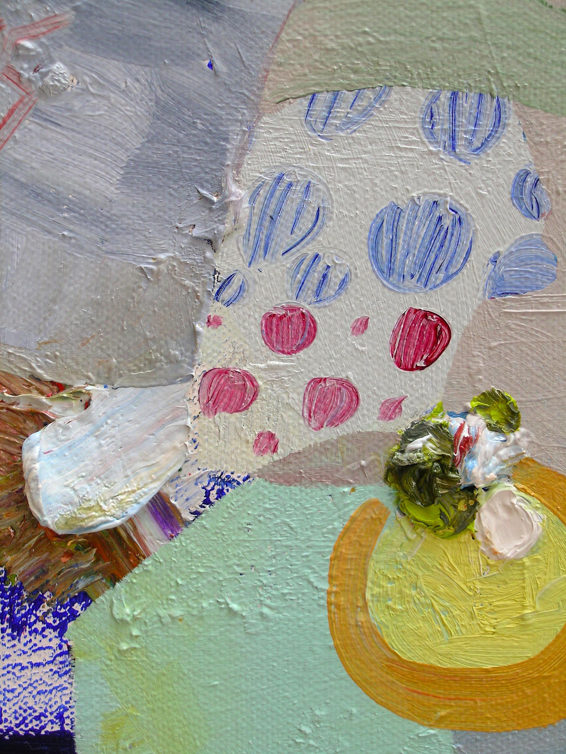 En esta pintura contemporánea al óleo sobre lienzo, secciones cuidadosamente combinadas de texturas variadas y zonas de motivos, rayas, círculos, puntos y ondulaciones se alegran en un color brillante, prismático y exuberante. Los pequeños momentos