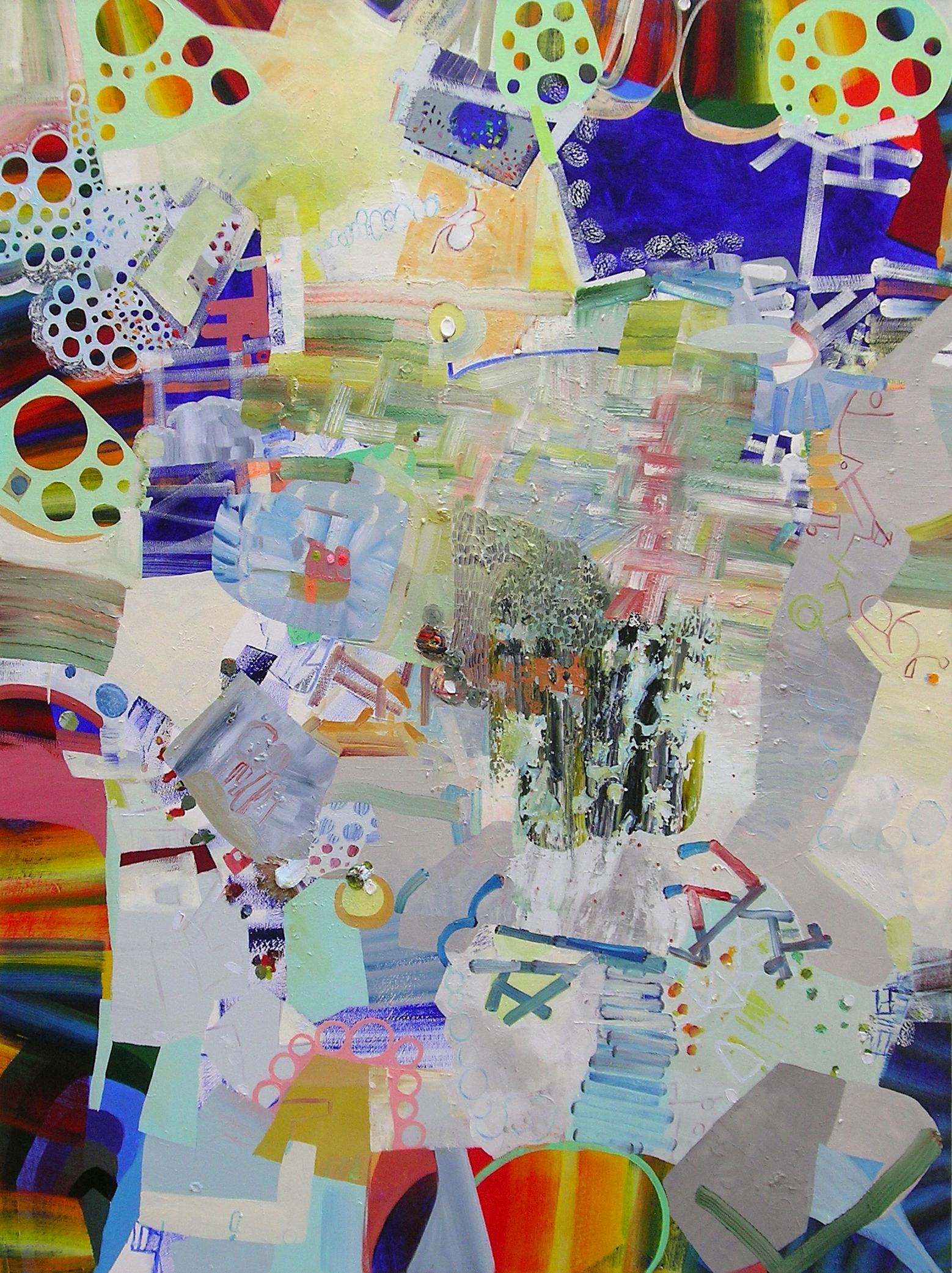 Abstract Painting de Josette Urso - Línea Abeja - Arco Iris Patrones Abstractos Círculos Rayas Azul Amarillo Naranja, 2023