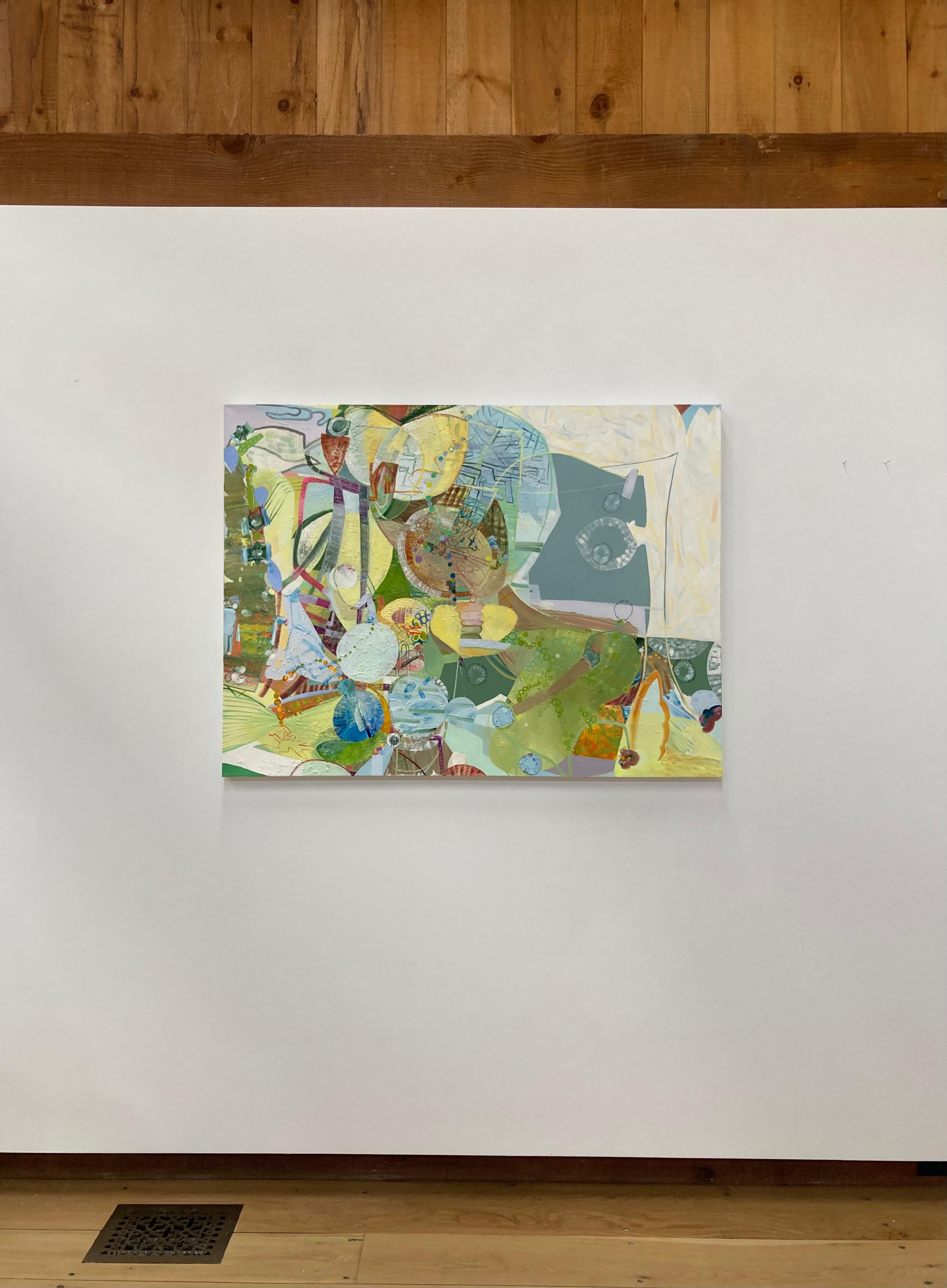Trifoglio - Cerchi astratti verde giallo avorio ocra blu rosa - Painting Contemporaneo di Josette Urso