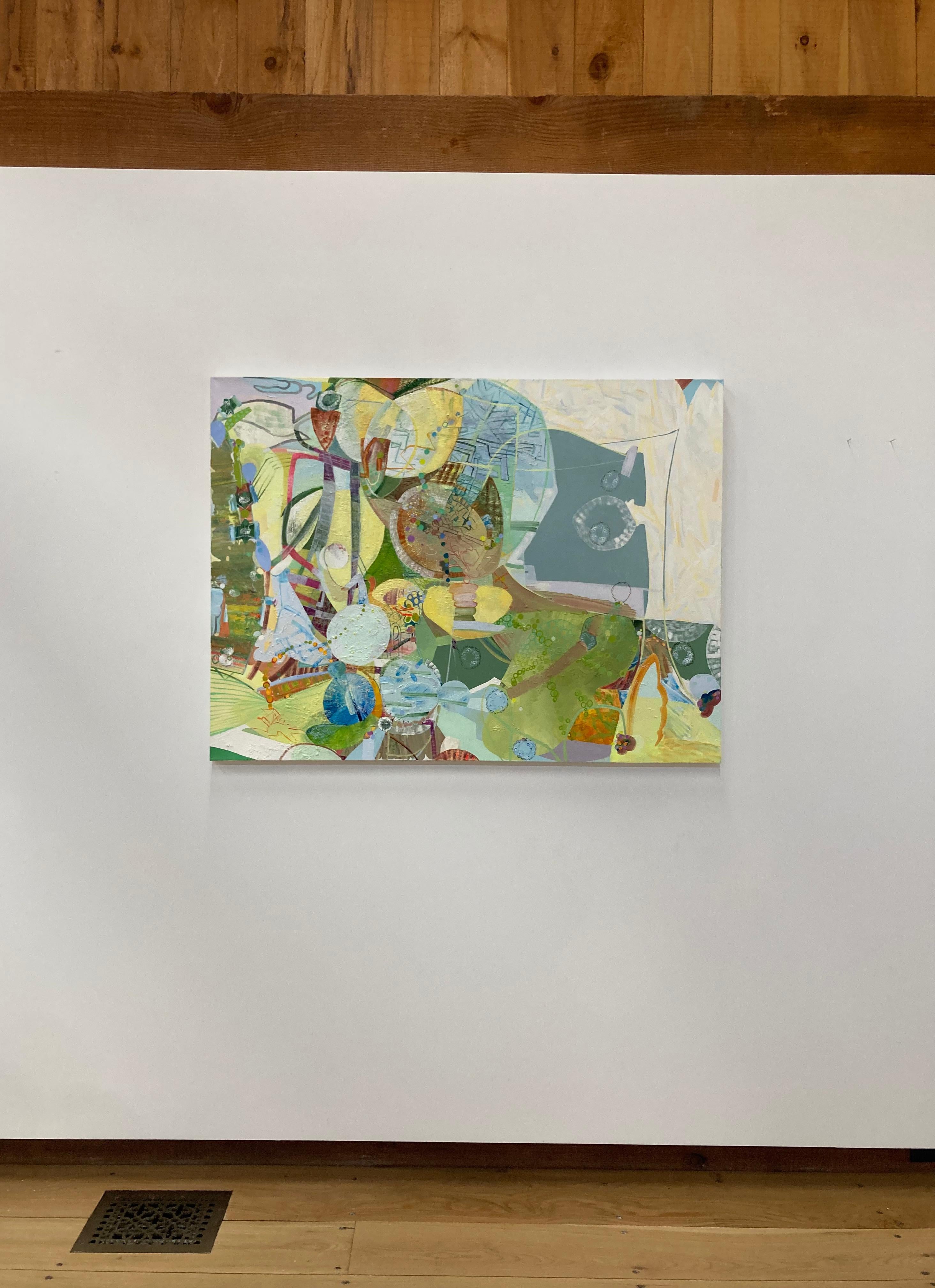 In questo dipinto astratto contemporaneo a olio su tela, sezioni di texture diverse e aree di motivi, strisce, cerchi, punti e ondulazioni sono allegri e dai colori vivaci ed esuberanti. Piccoli momenti in vibranti tonalità di verde chiaro, giallo,