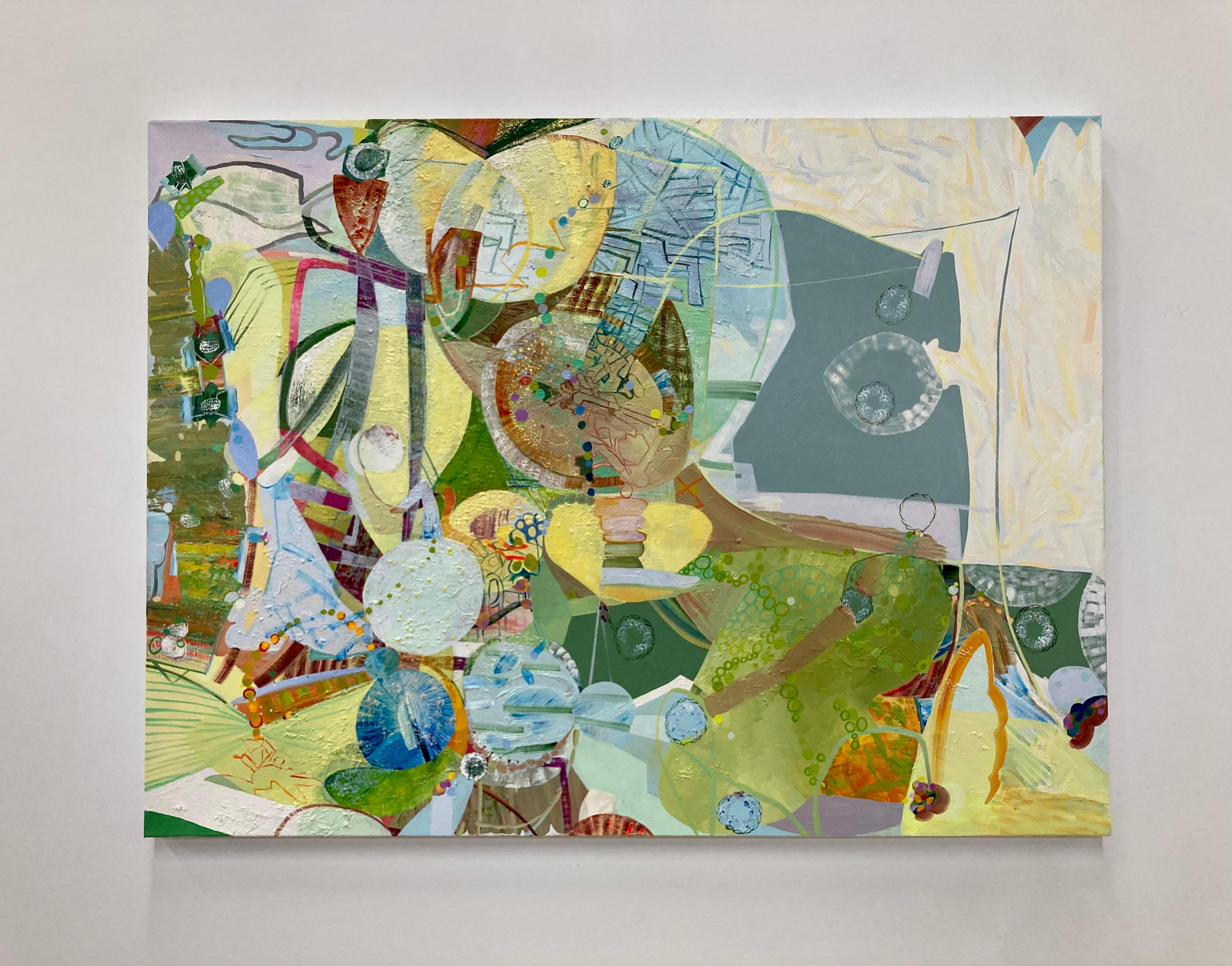 Klee, Grasgrün, Gelb, Elfenbein, Ocker, Blau, Rosa Abstrakte Muster, Kreise – Painting von Josette Urso