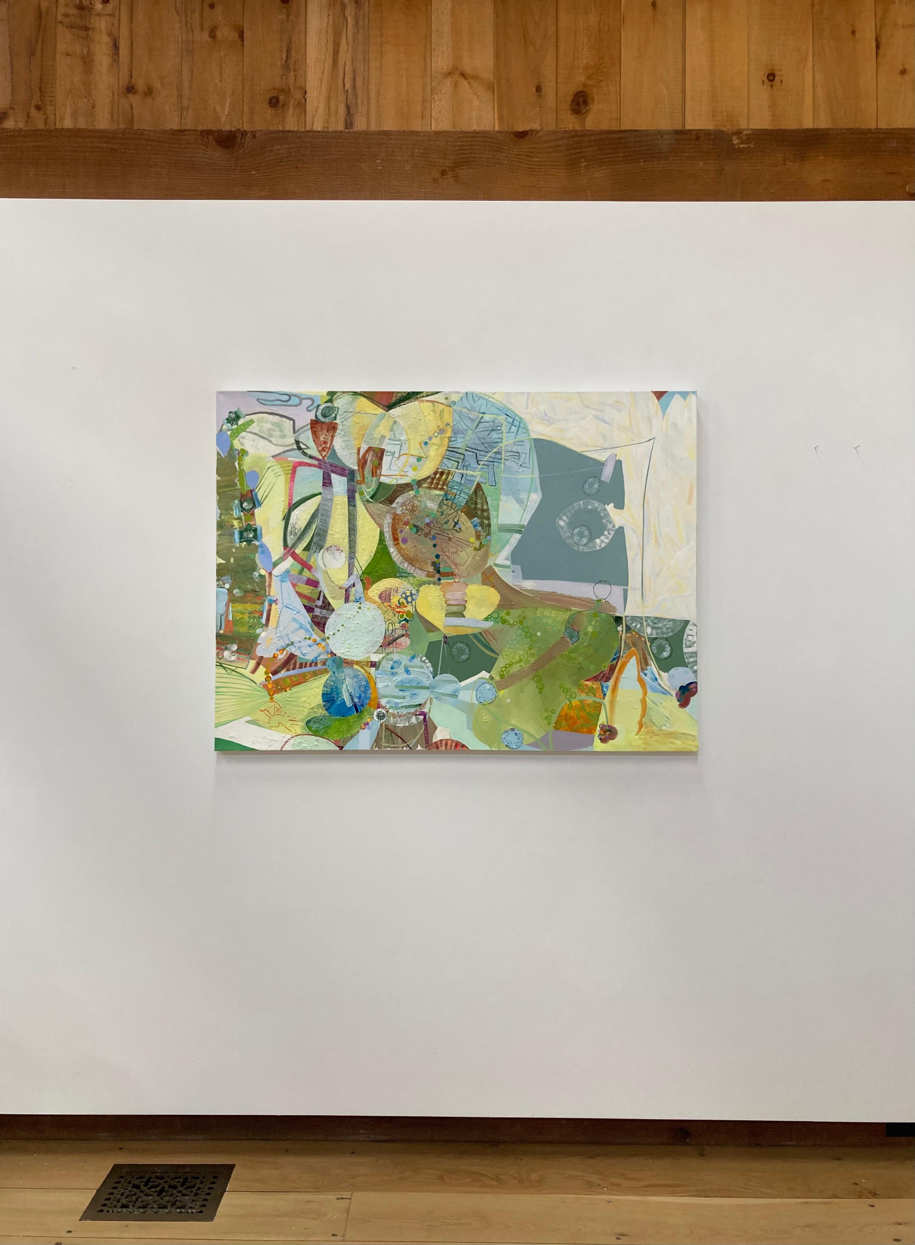 Klee, Grasgrün, Gelb, Elfenbein, Ocker, Blau, Rosa Abstrakte Muster, Kreise (Zeitgenössisch), Painting, von Josette Urso